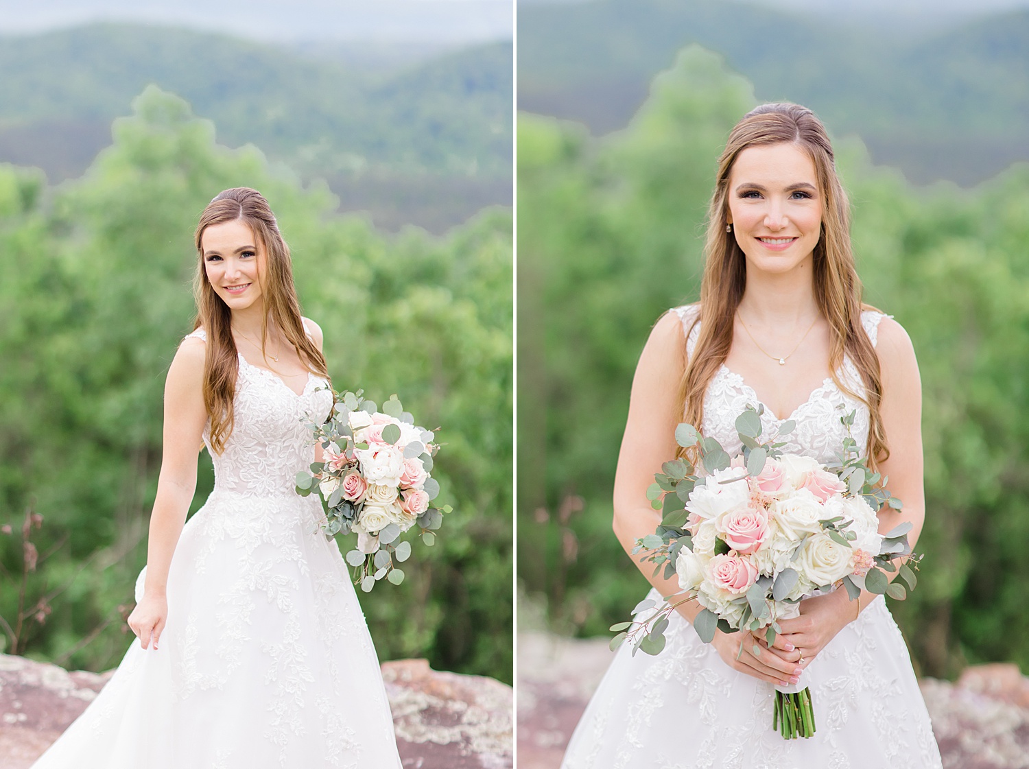 bride wedding portraits holding classic white and pink wedding bouquet 
