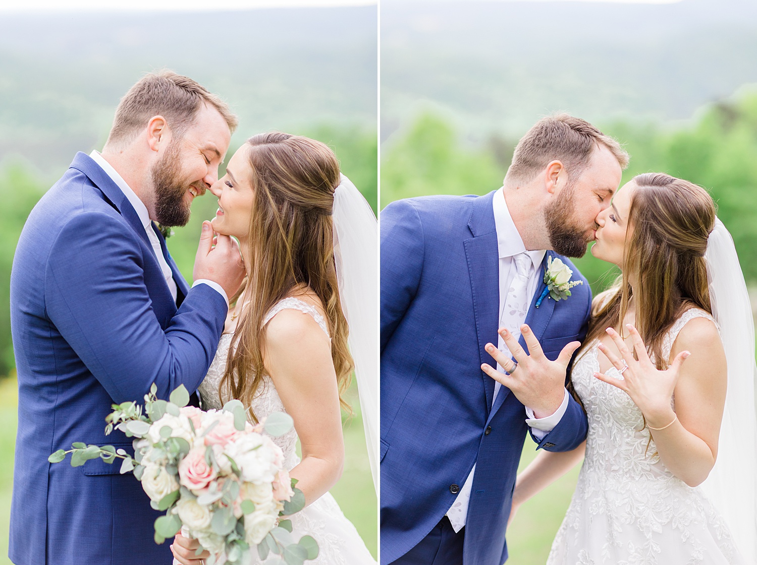 couple kiss and show off their wedding rings