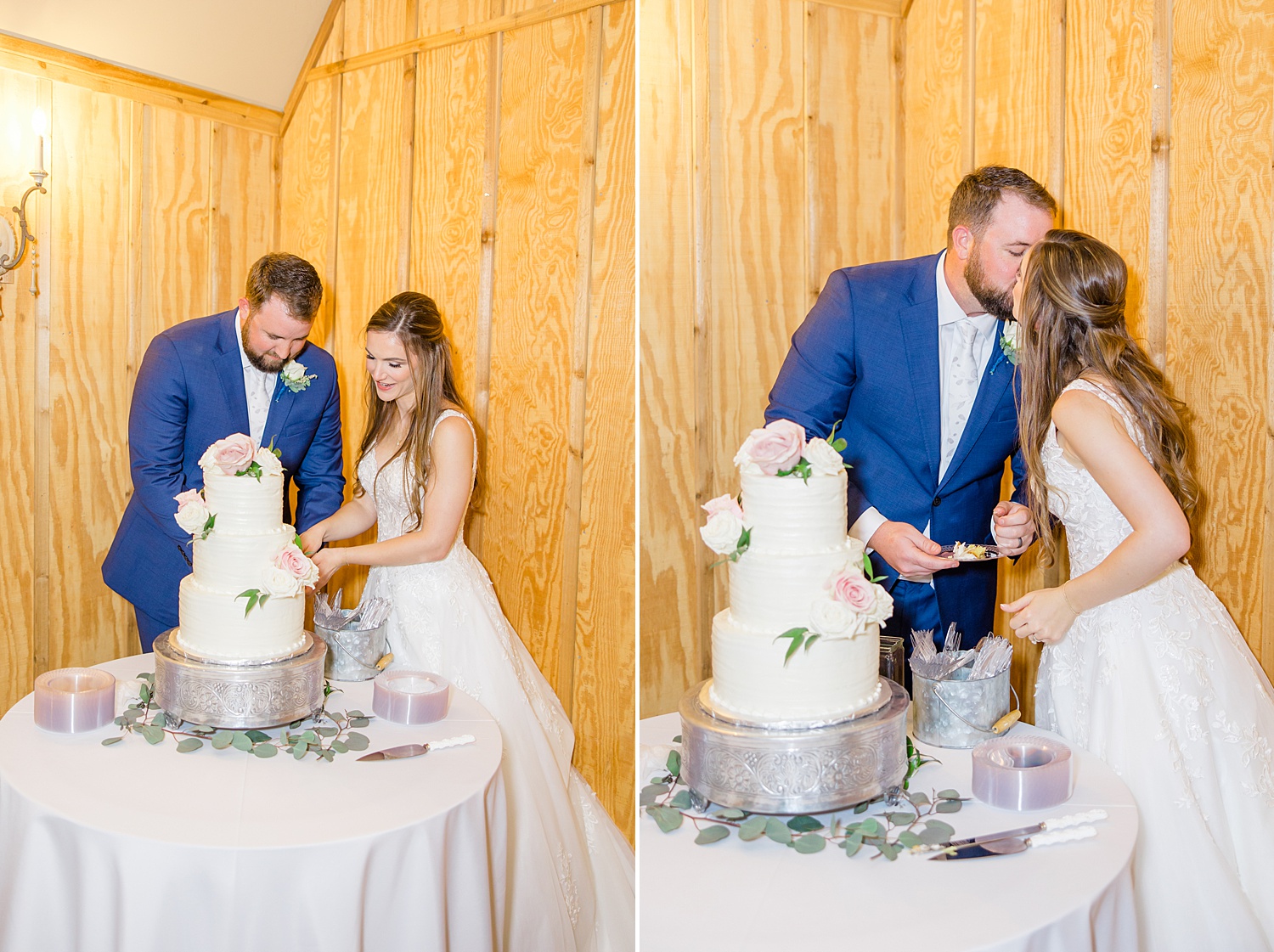 newlyweds cut their three tiered wedding cake 
