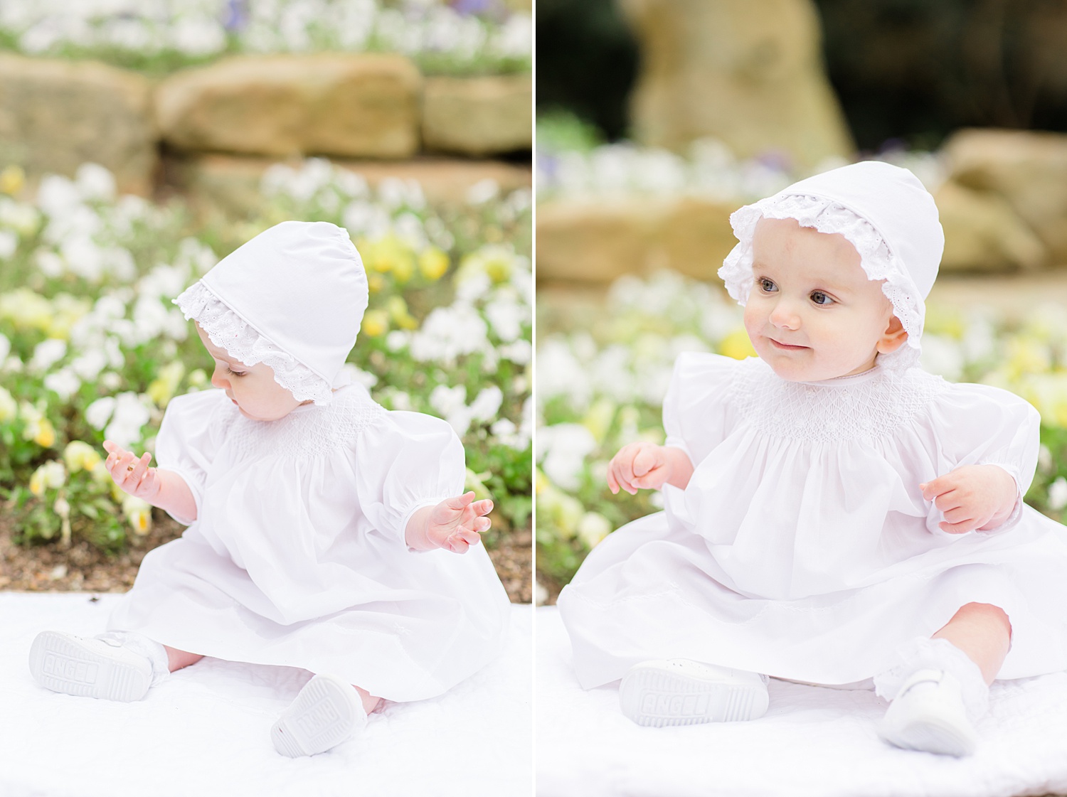 baby girl looks at flowers as she sits during milestone portraits 