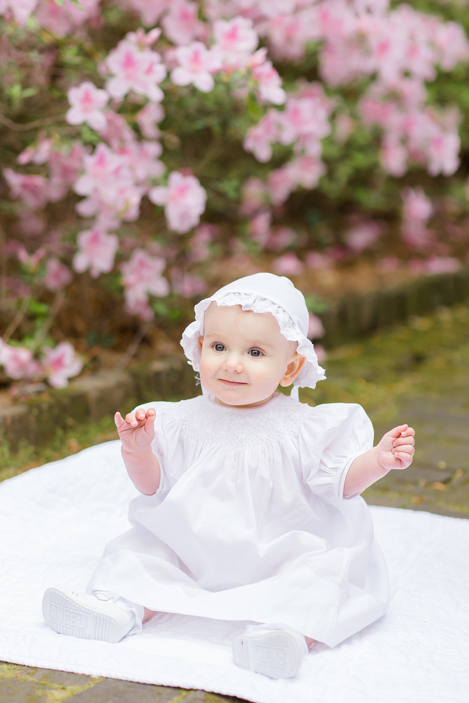 baby girl sits on blanket with pink flowers blooming in the background of her milestone portaits