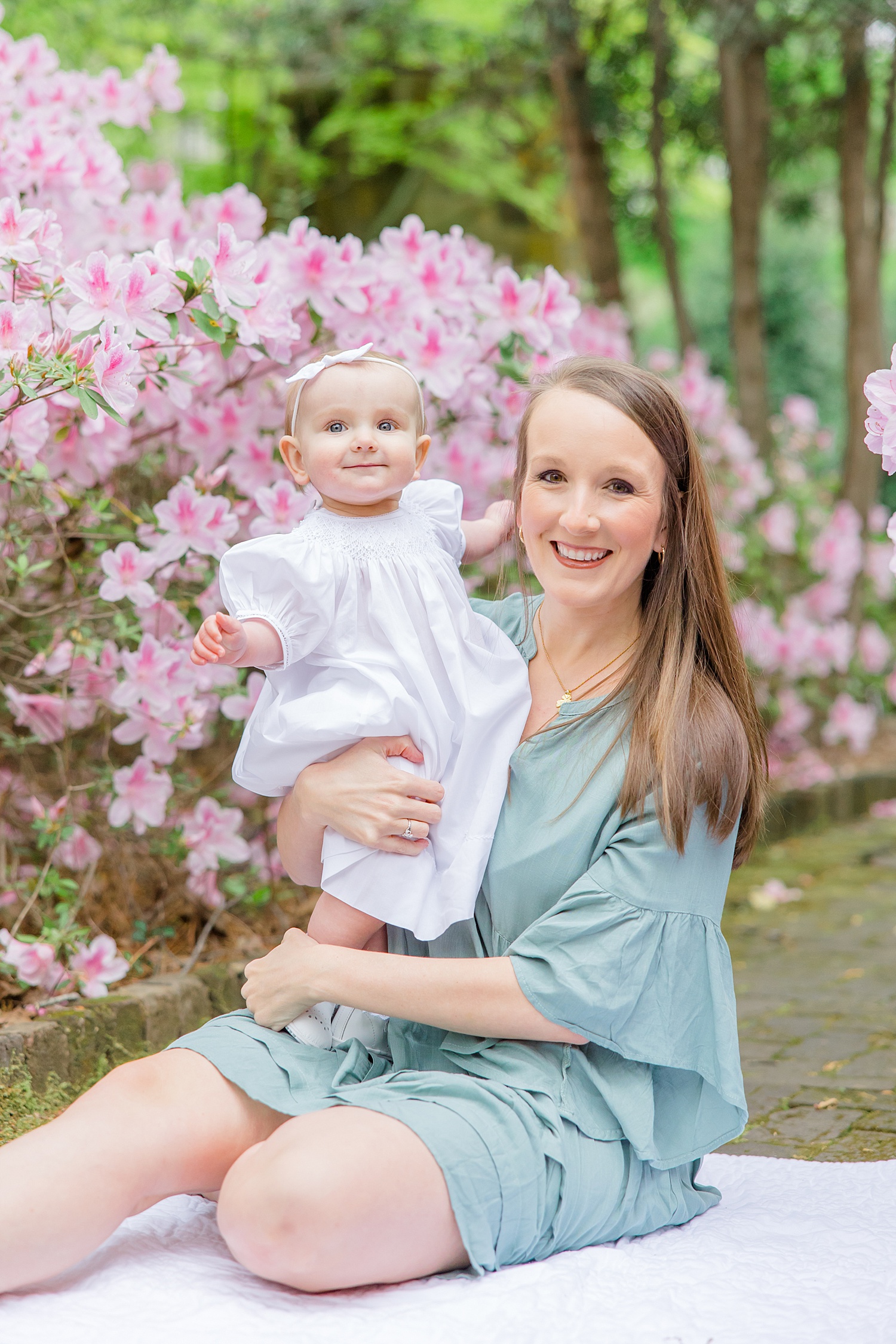 mother and daughter together during 9 Month Milestone Session of Baby Girl at Birmingham Botanical Gardens