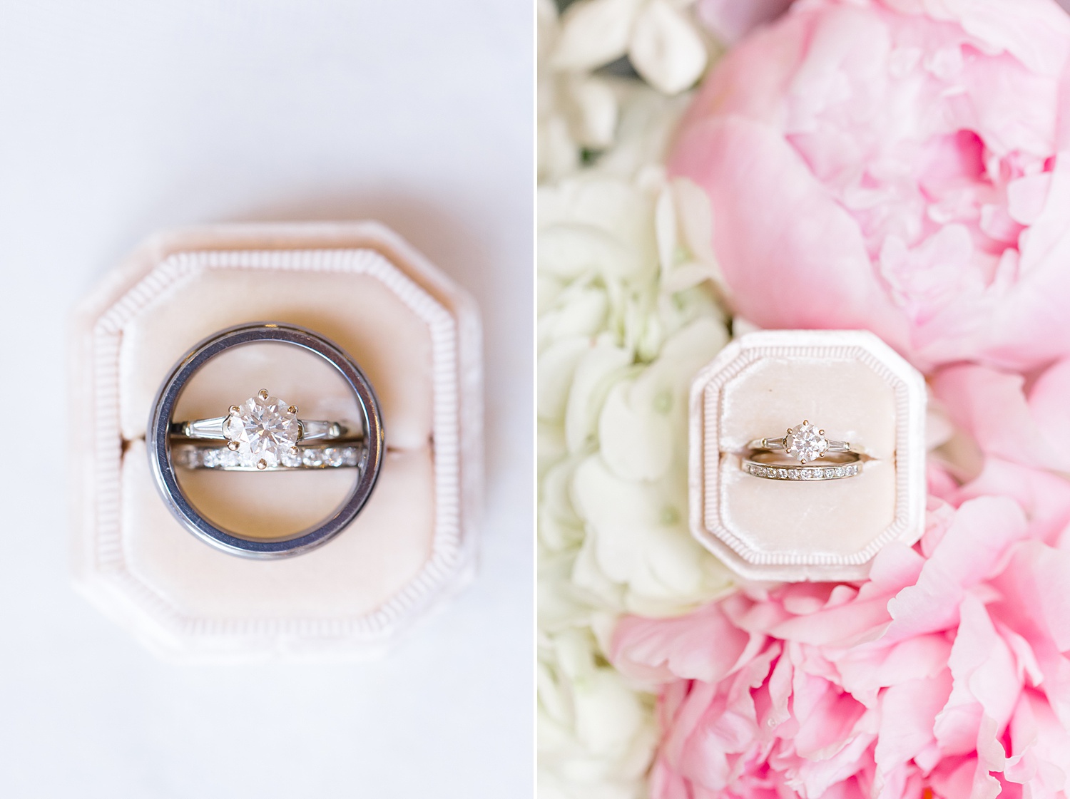 wedding rings around pink and white flowers