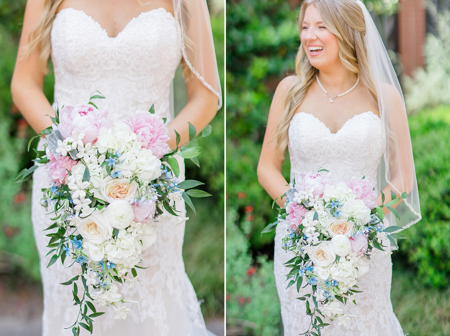 bride holding her gorgeous wedding bouquet featuring white flowers with pops of pink and blue