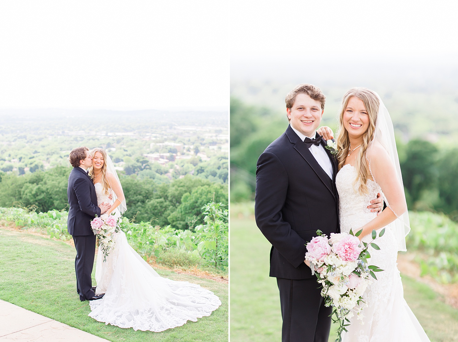 wedding portraits with a scenic view from a hilltop in Birmingham AL