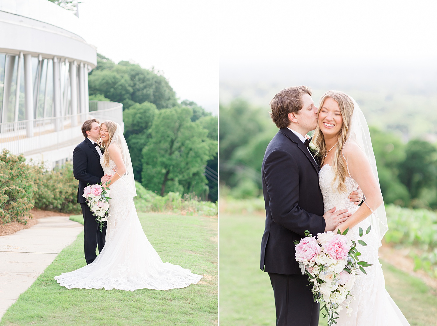 husband kisses his wife's cheek during wedding portraits