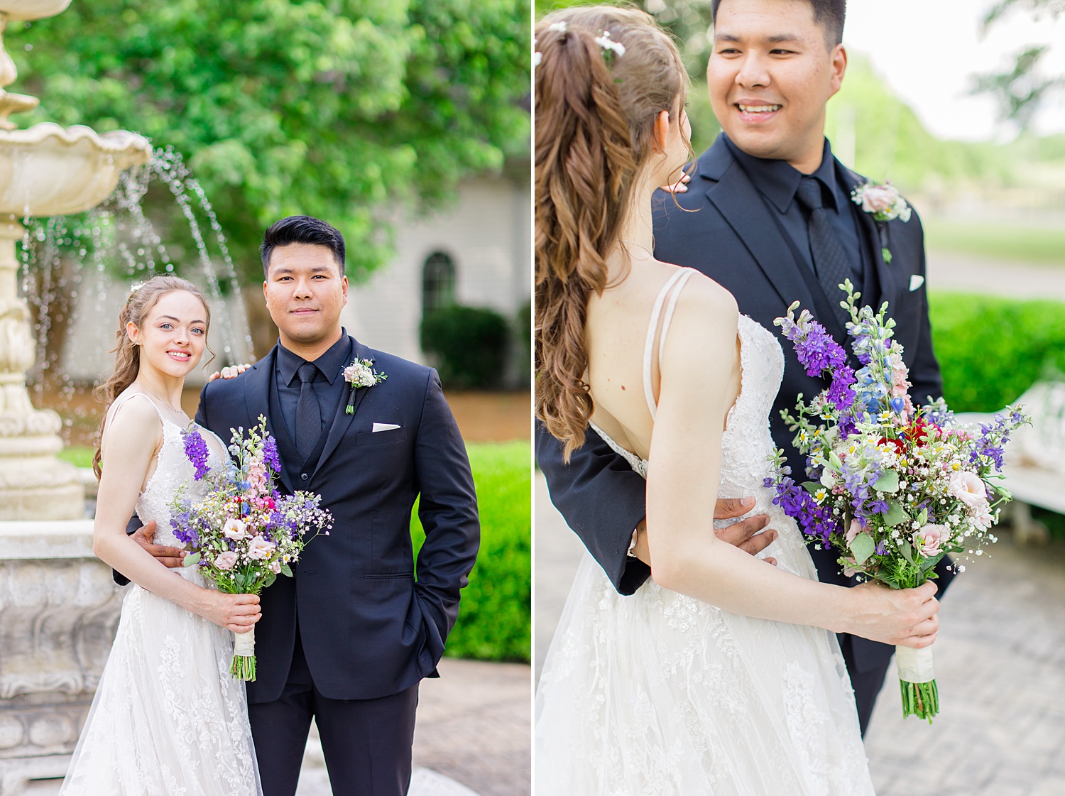 bride holds beautiful summer bouquet of pale pink and purple flowers