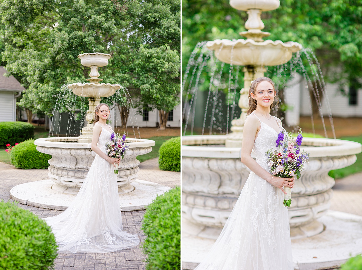 bride portraits in front of water fountain
