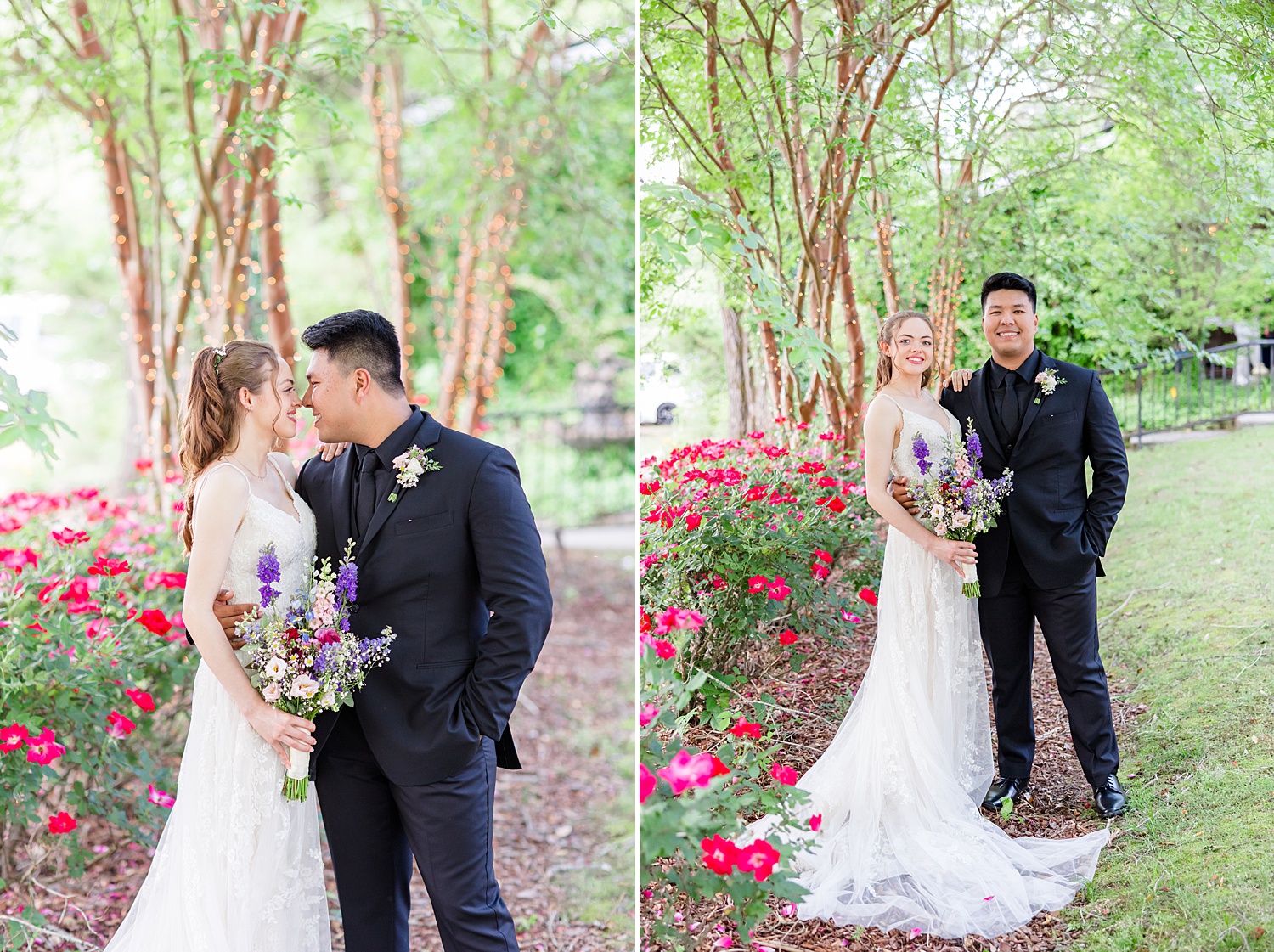 wedding portraits with beautiful blooming flowers and light covered trees