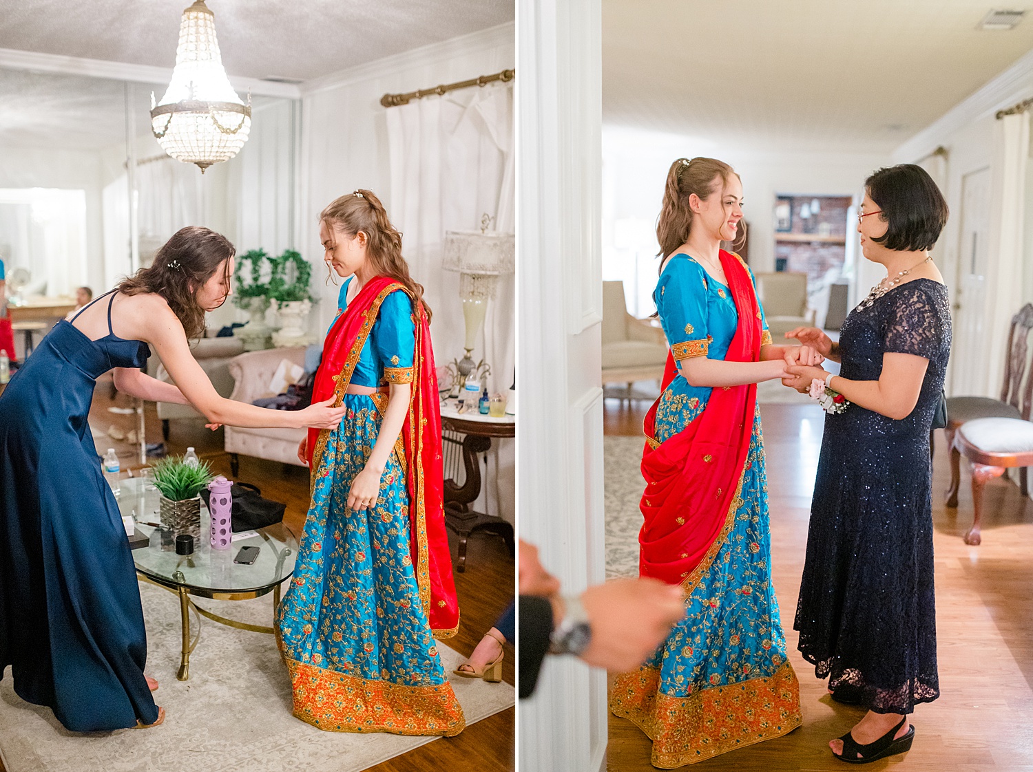 bride puts on traditional India sari to exit the wedding 