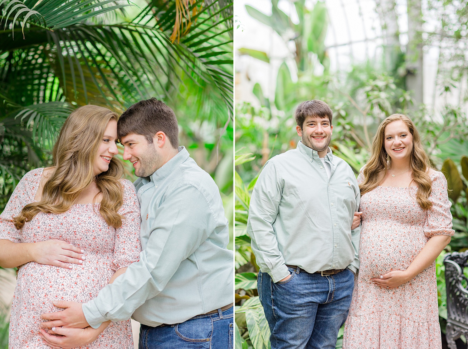 couple in greenhouse of birmingham botanical garden for maternity portraits 