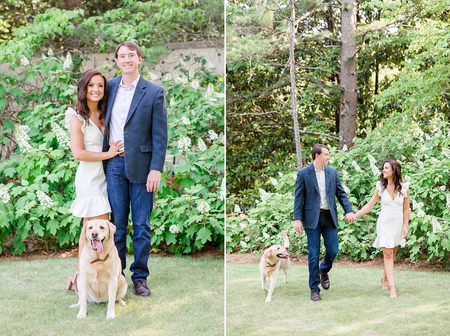 couple walk with their dog during their engagement session
