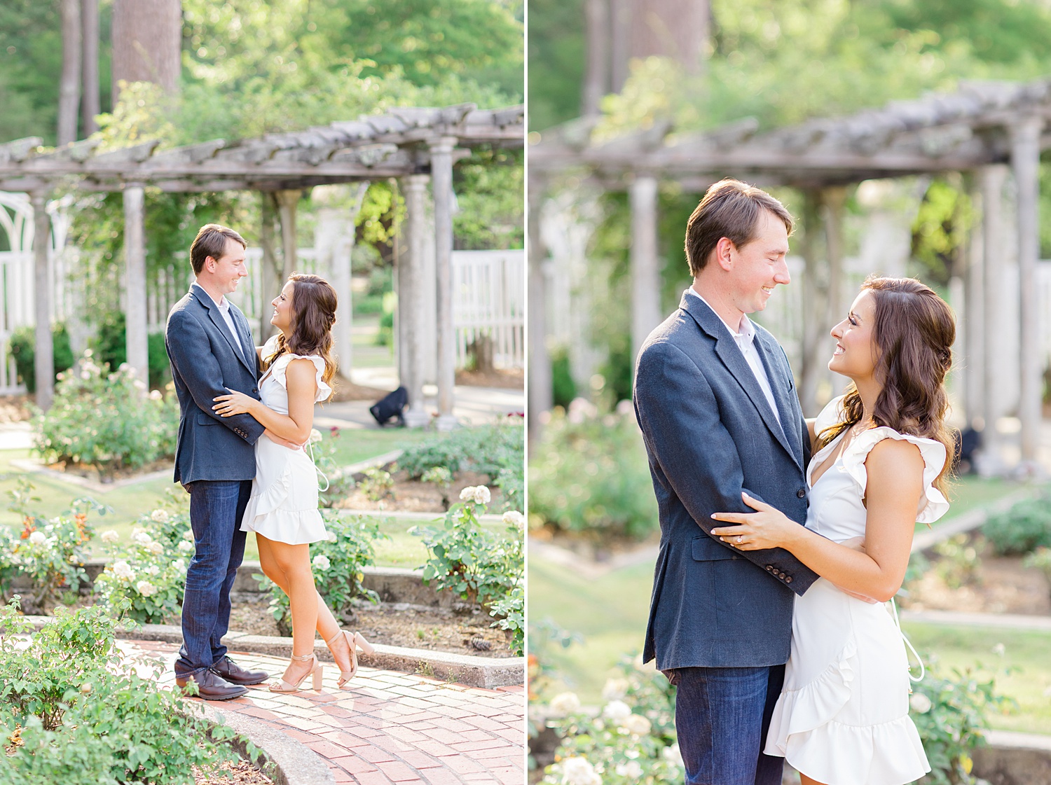 couple hug in the botanical gardens during engagement session