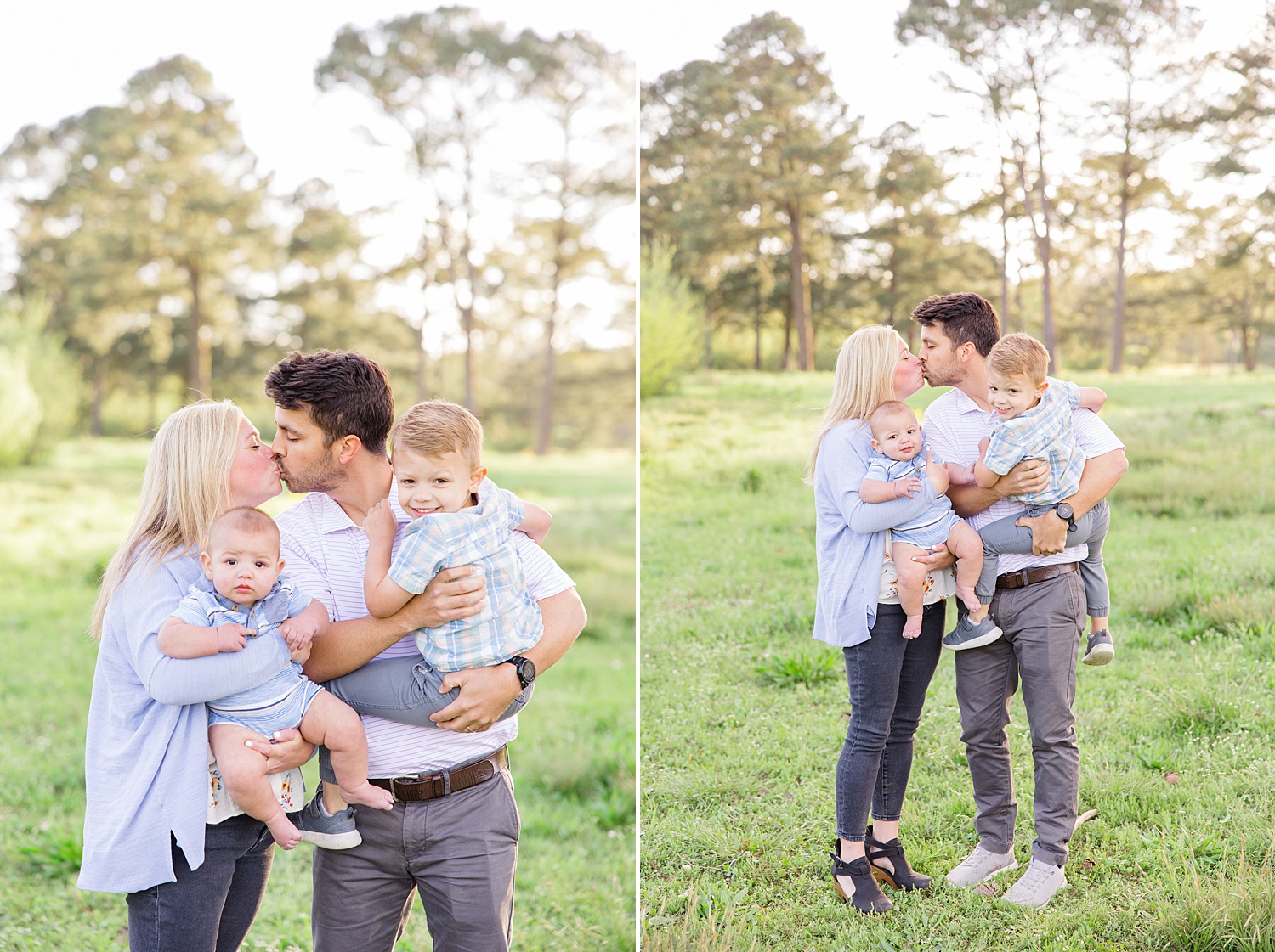 couple kisses holding their two sons during Light and Airy Summer Family session