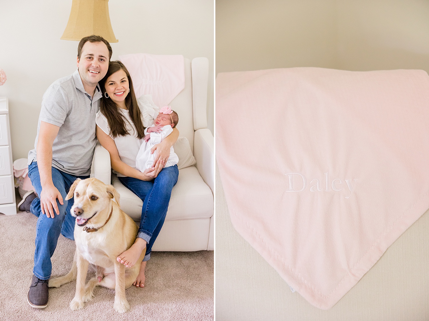 parents hold newborn daughter sitting in rocker with their dog at their feet