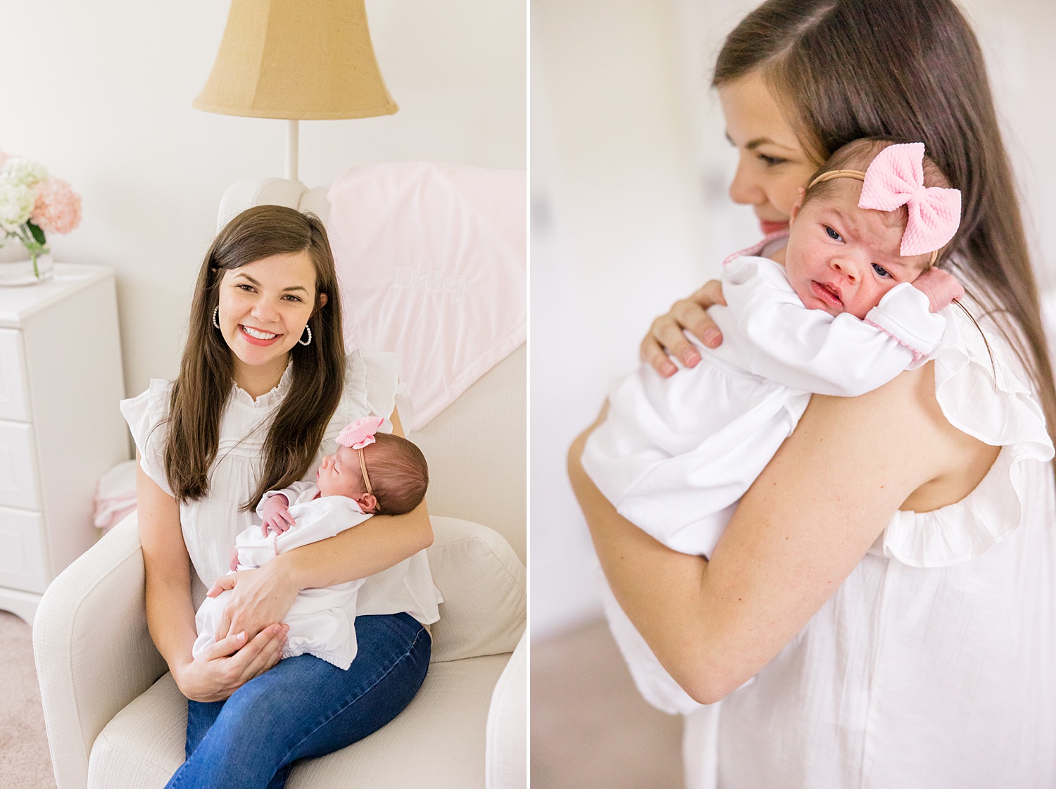 mom holds her newborn girl in nursery of in-home session