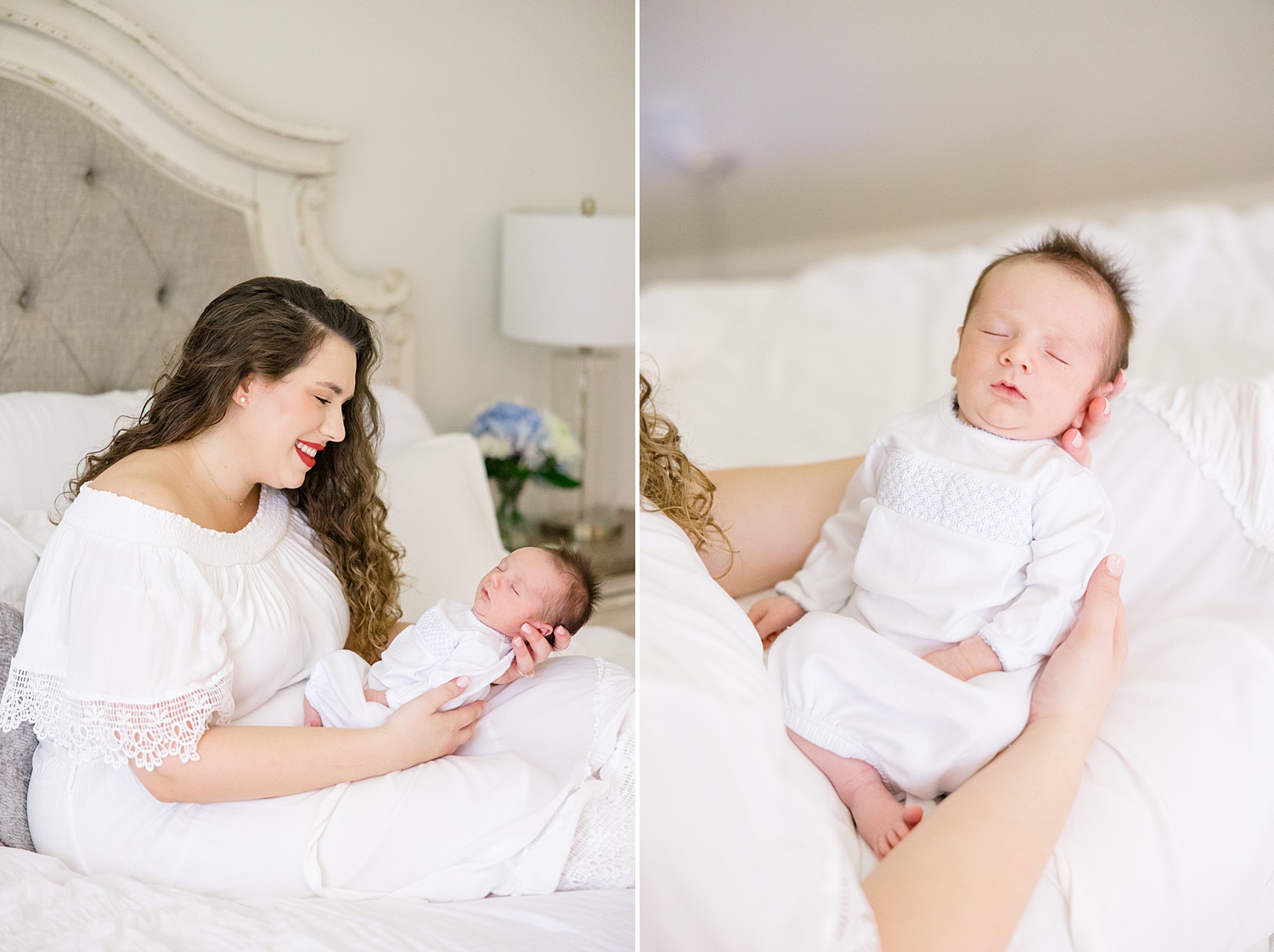 mom holds her sleepy newborn during At-home Newborn + Lifestyle session