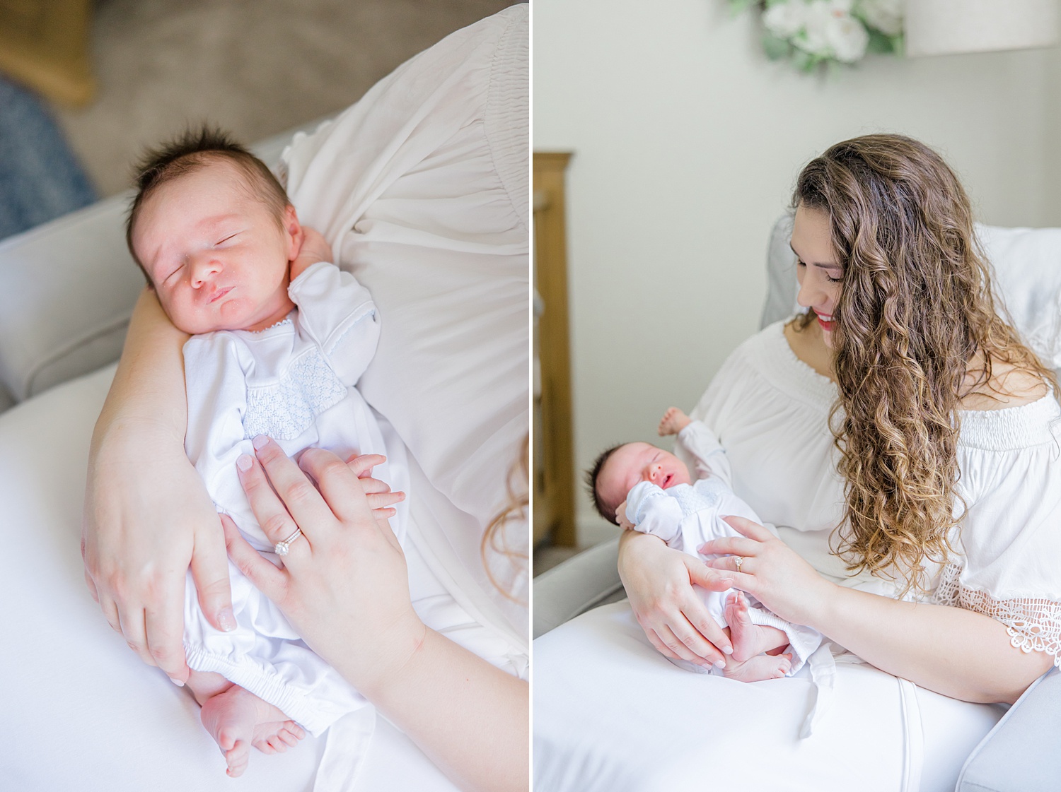 sleepy baby boy in his moms arms during At-home Newborn + Lifestyle session