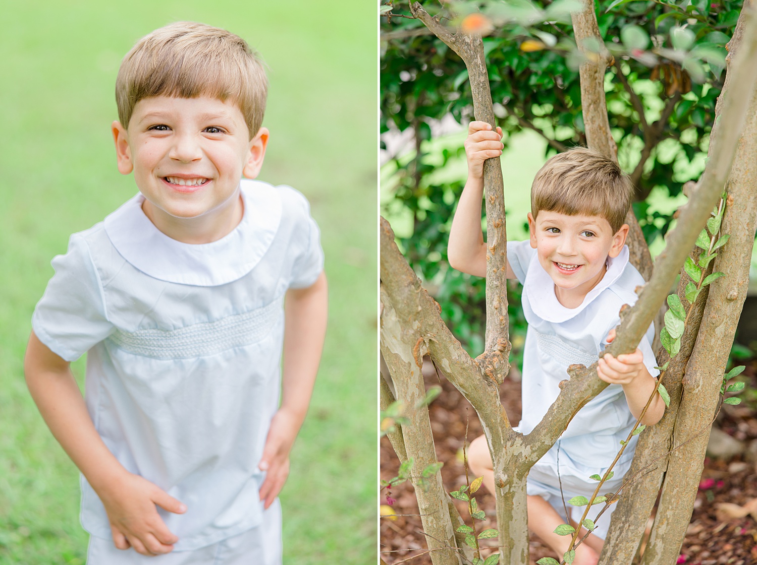 little boy plays in the trees of his yard during Newborn and Family Milestone Portraits in Mountain Brook, Alabama