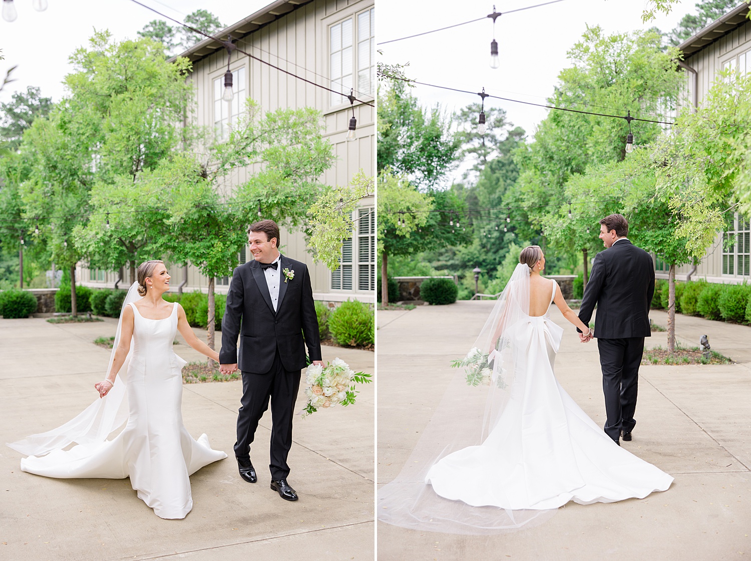groom holds bride hand walking down sidewalk