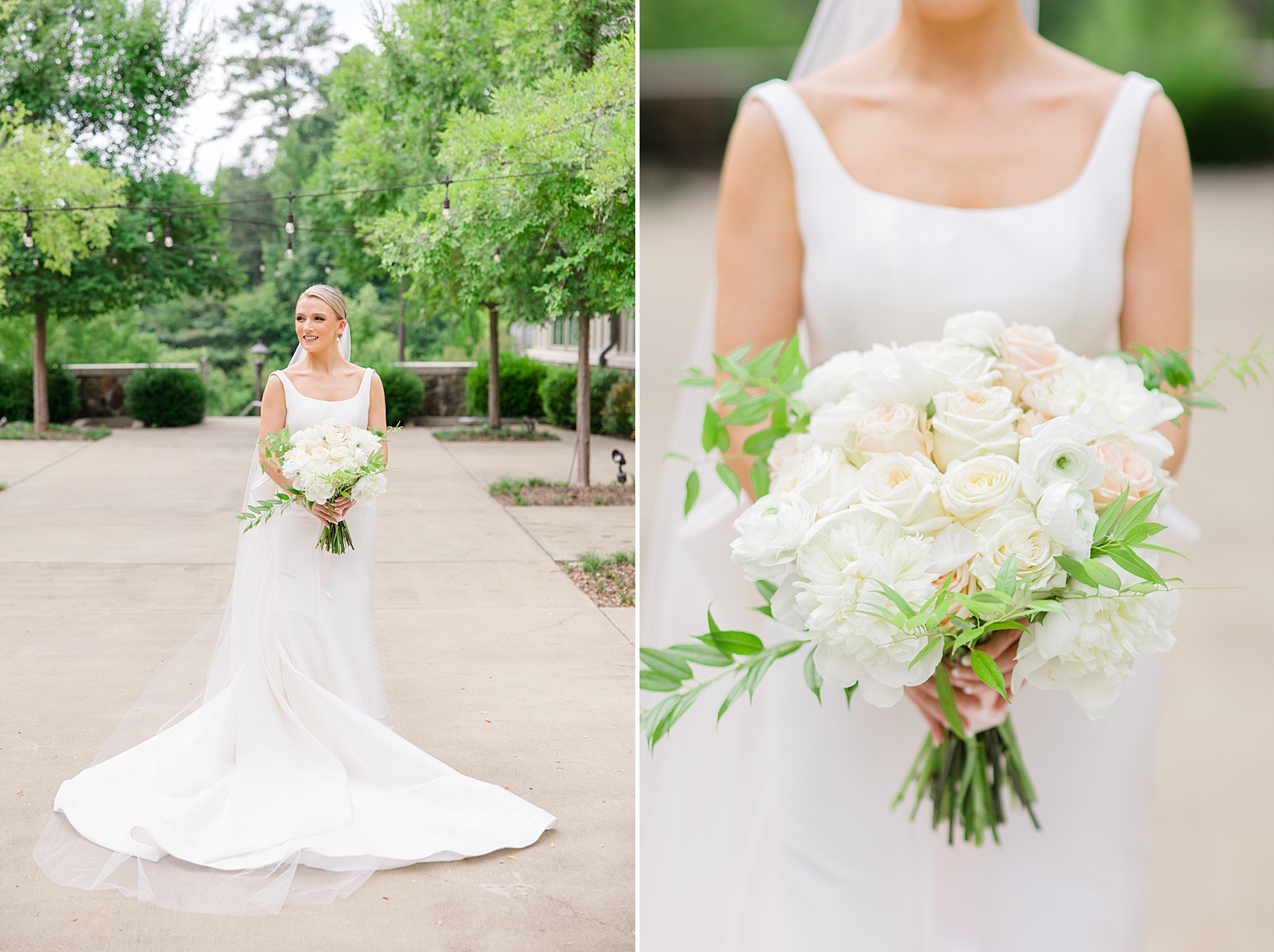 bride holding timeless white rose wedding bouquet 