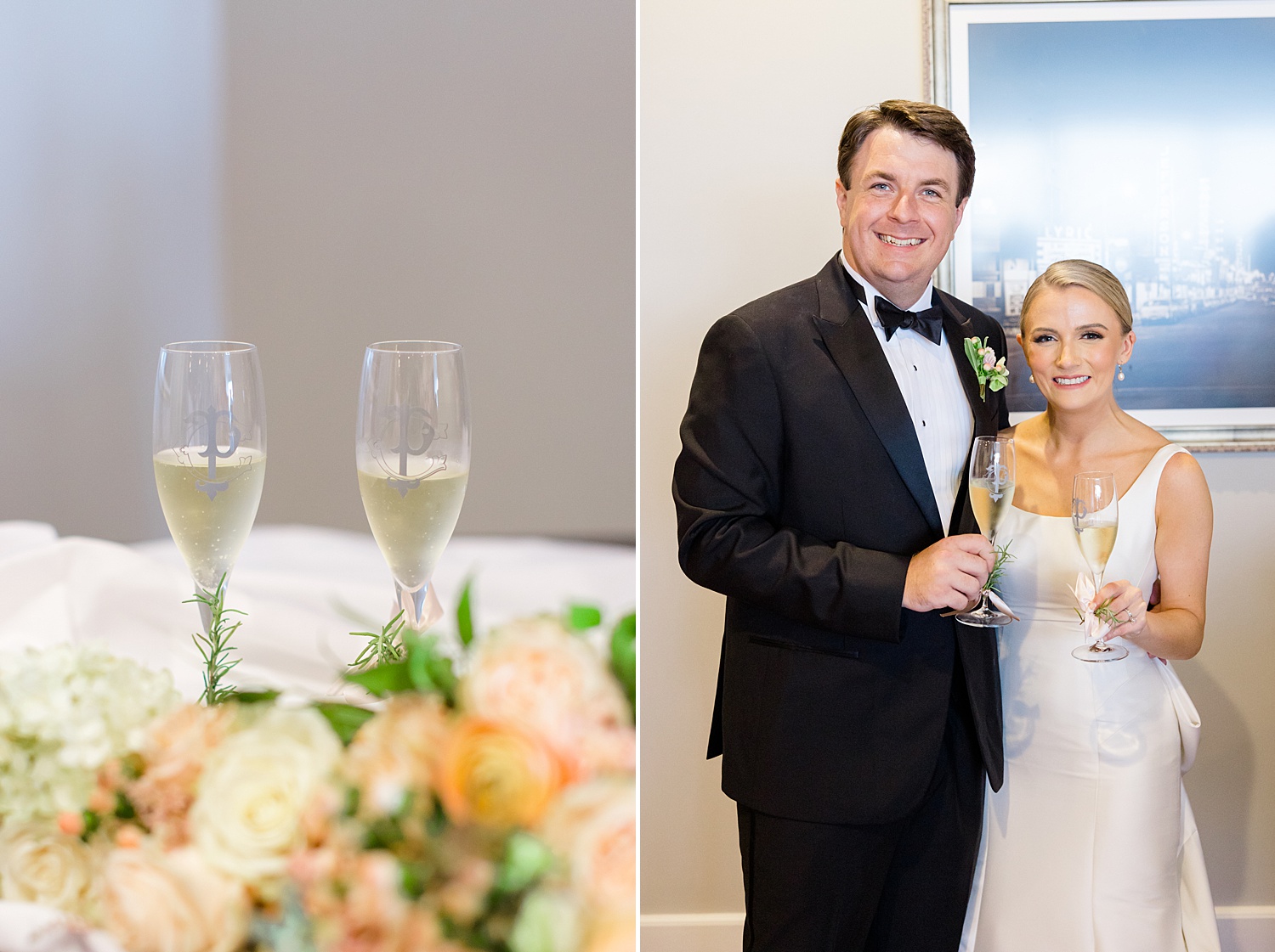 newlyweds toast with champagne at wedding reception