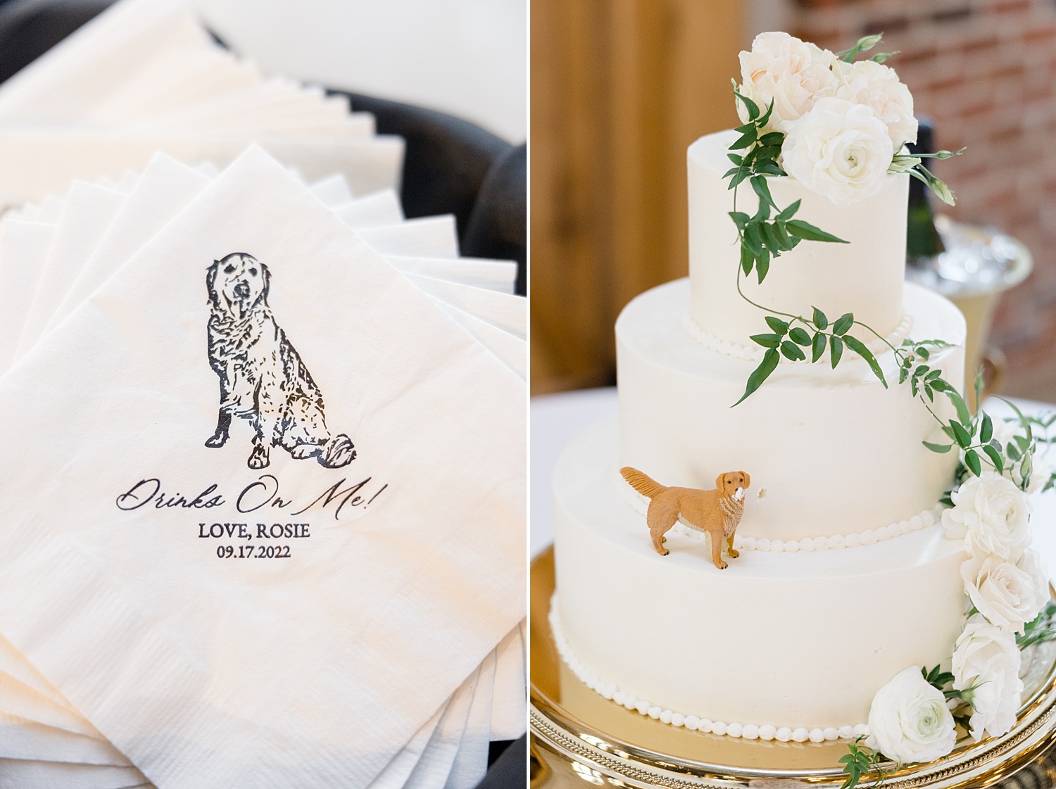wedding cake with dog figurine and custom napkins 