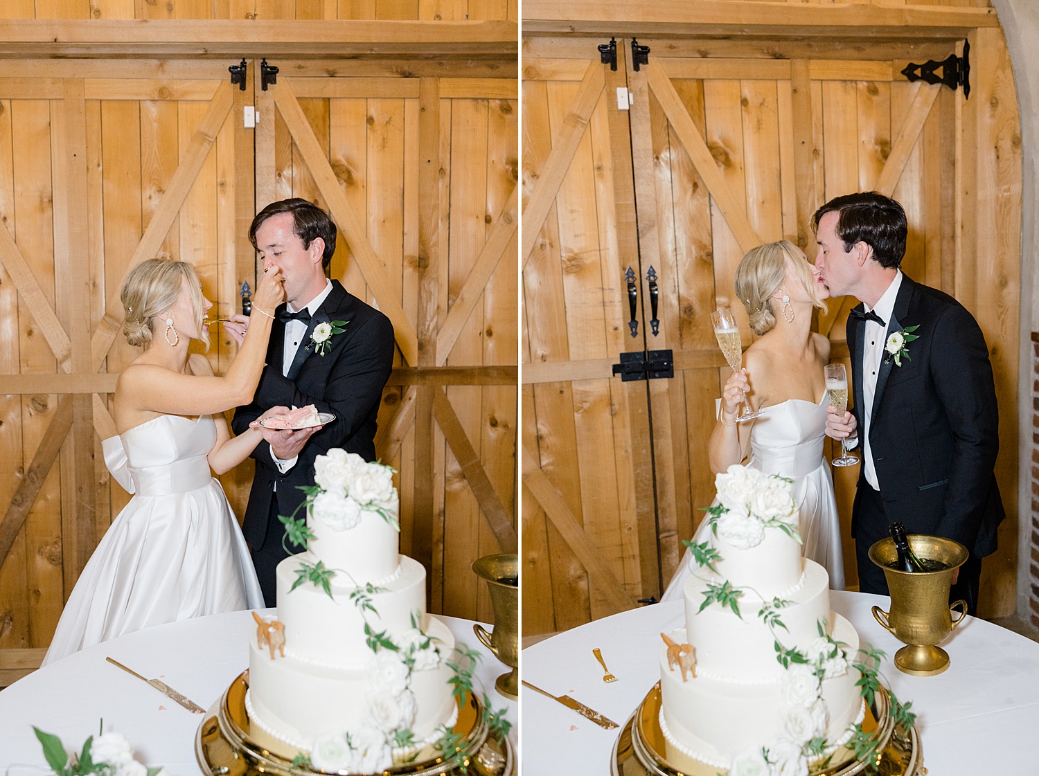 newlyweds feed each other wedding cake 