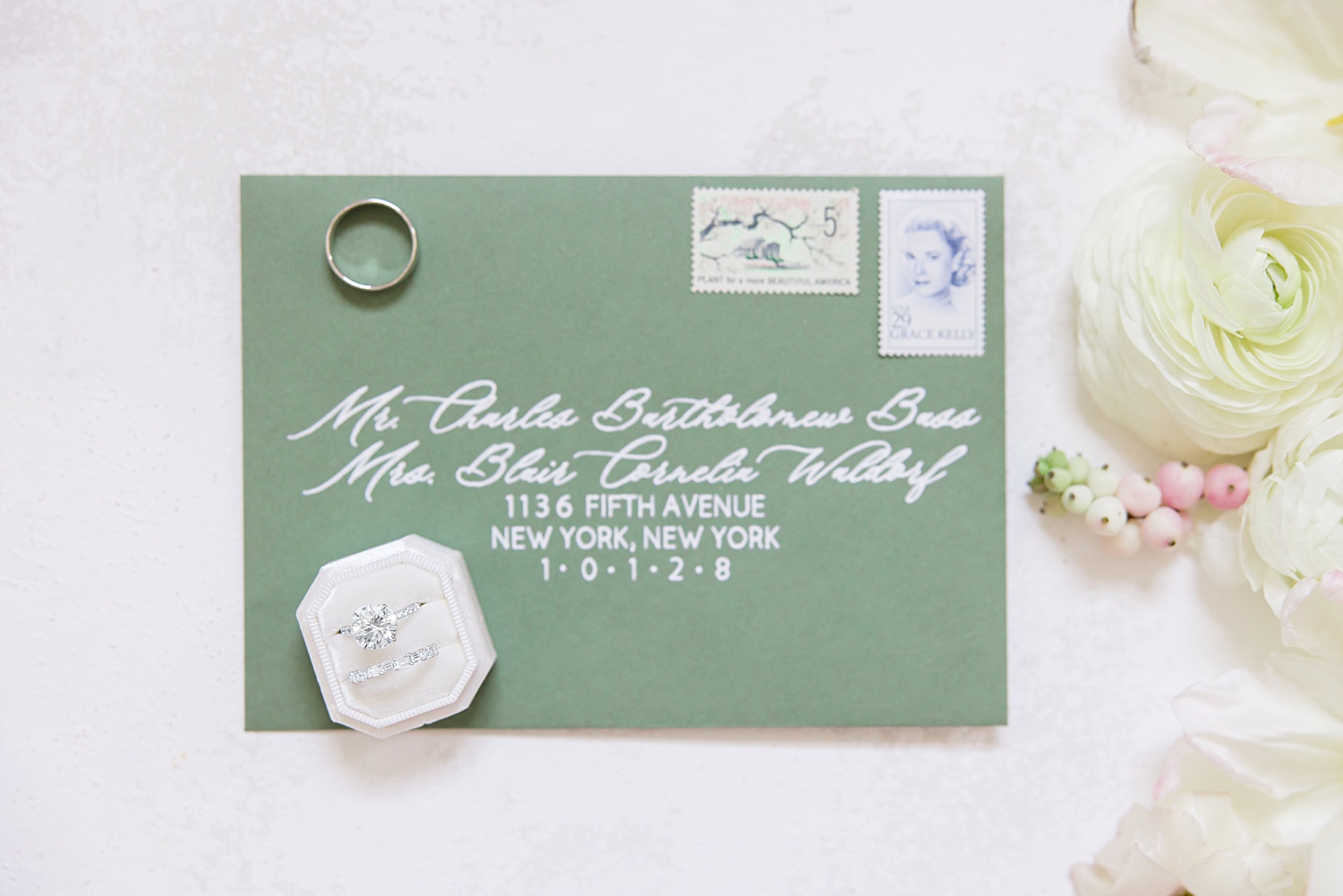 green envelopes from Classic + Romantic Birmingham Wedding at Park Crest Event Facility
