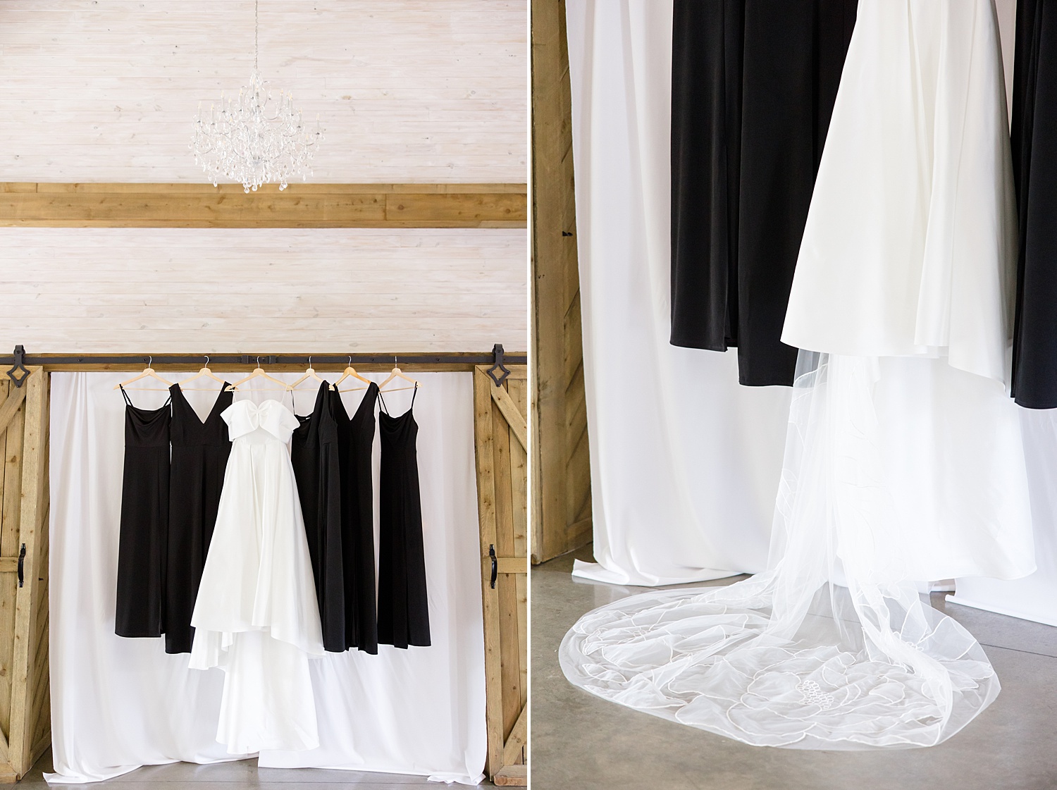bride's wedding dress and black bridesmiad's dresses