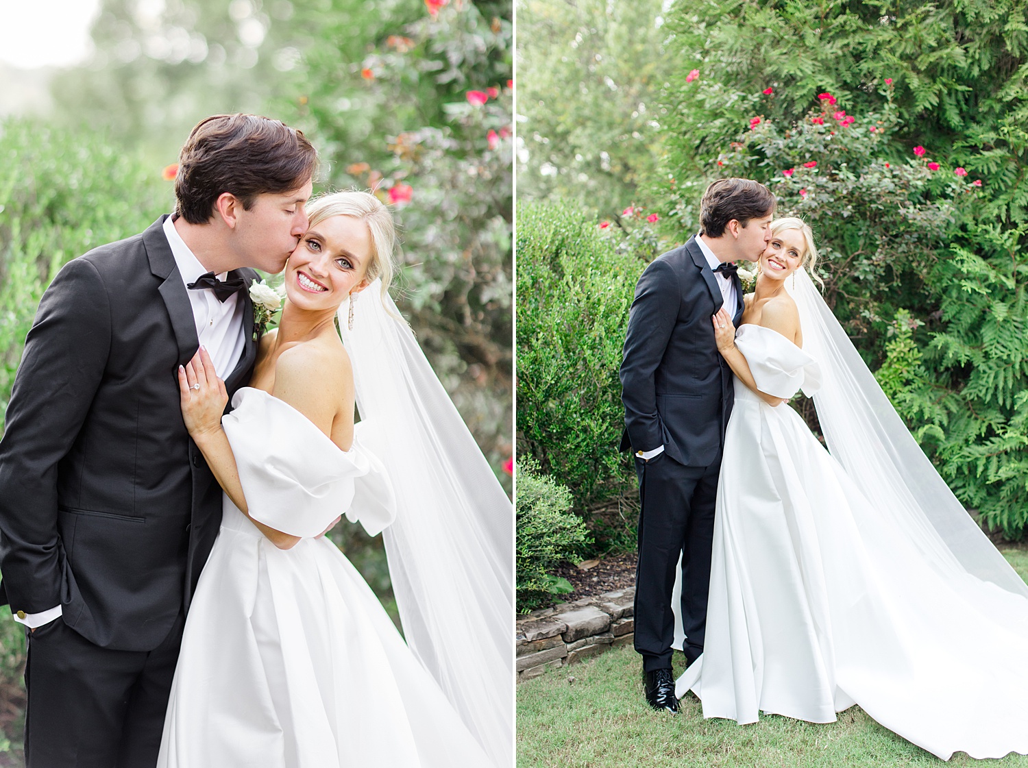 groom kisses bride in garden during wedding portraits 