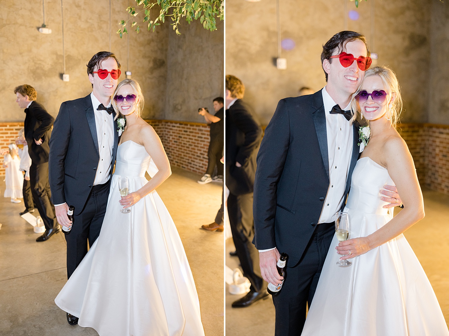 newlyweds at reception with fun sunglasses 