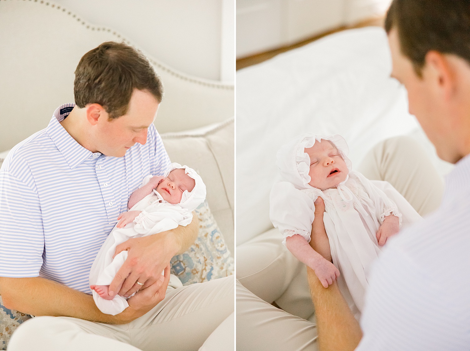 dad holds and admires his newborn daughter 