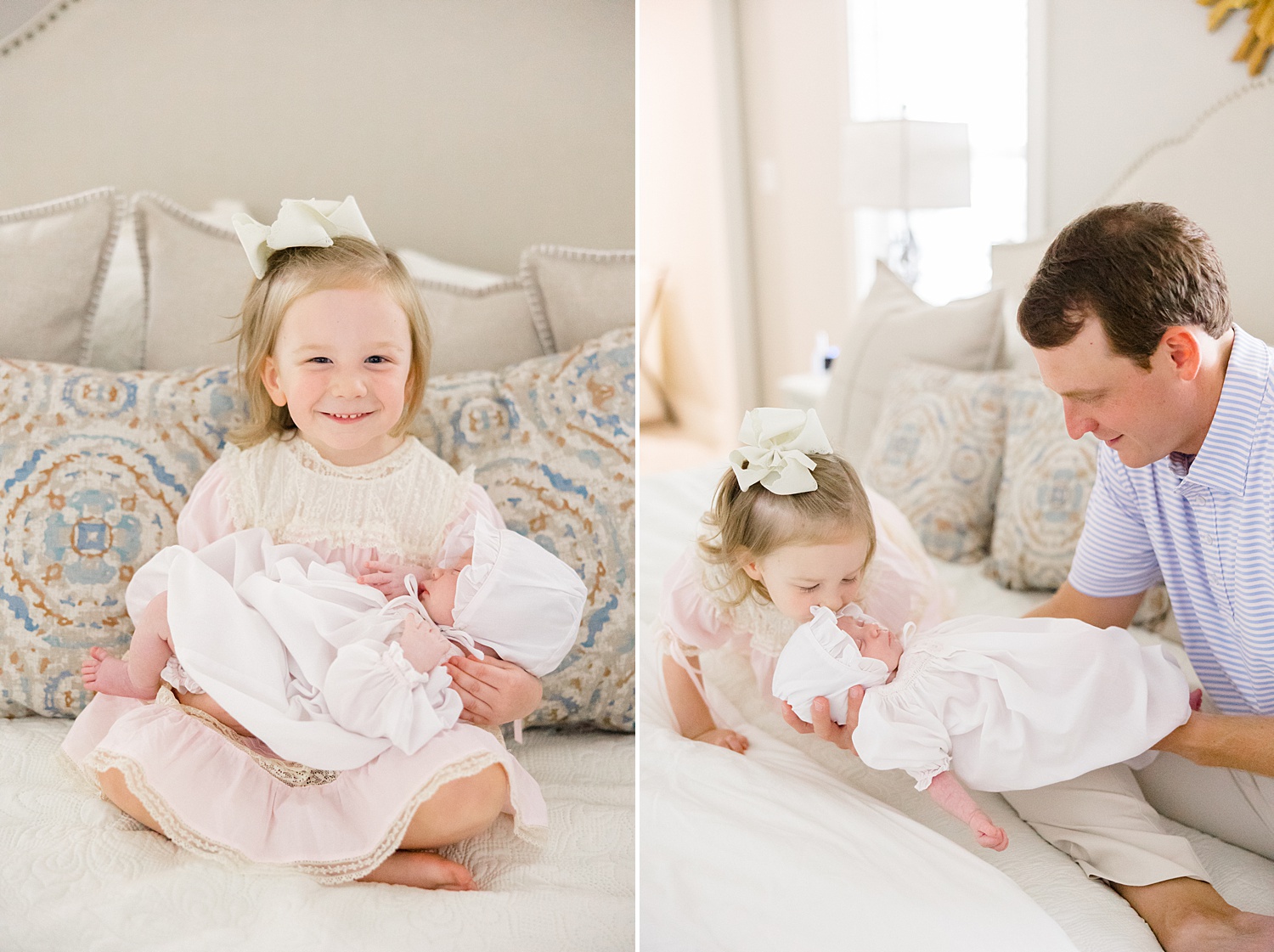 big sister holds her newborn sister during In-Home Newborn Lifestyle Portraits in Trussville, AL 