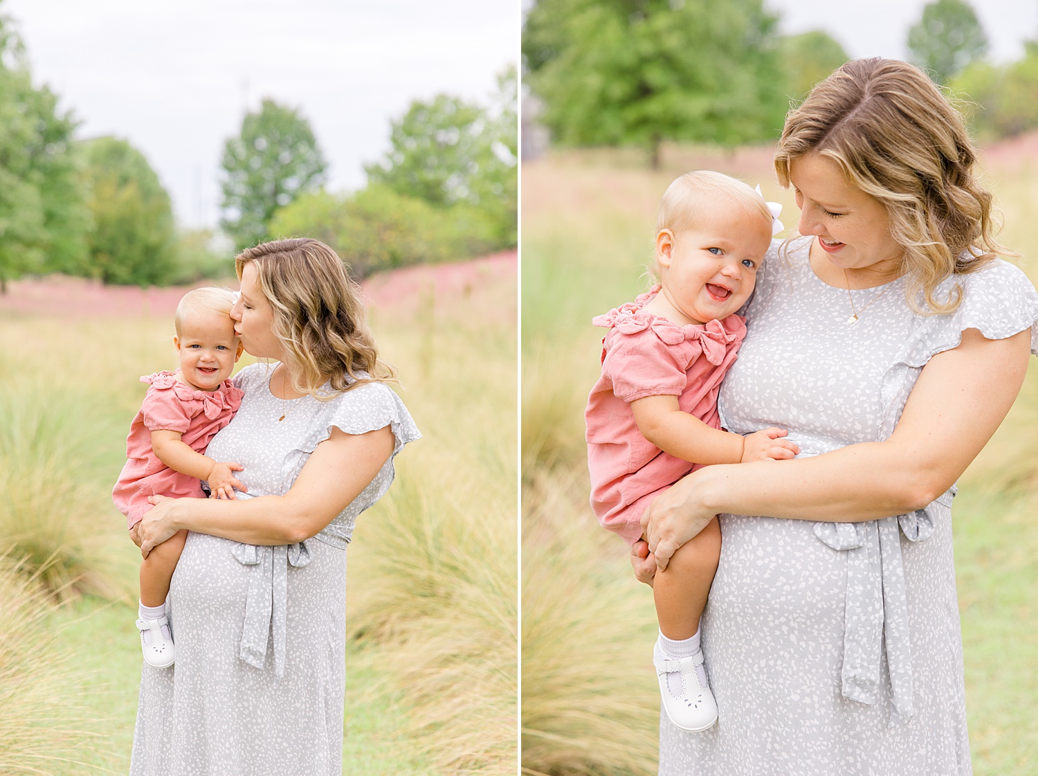 mom holds toddler girl during maternity portraits at Railroad park