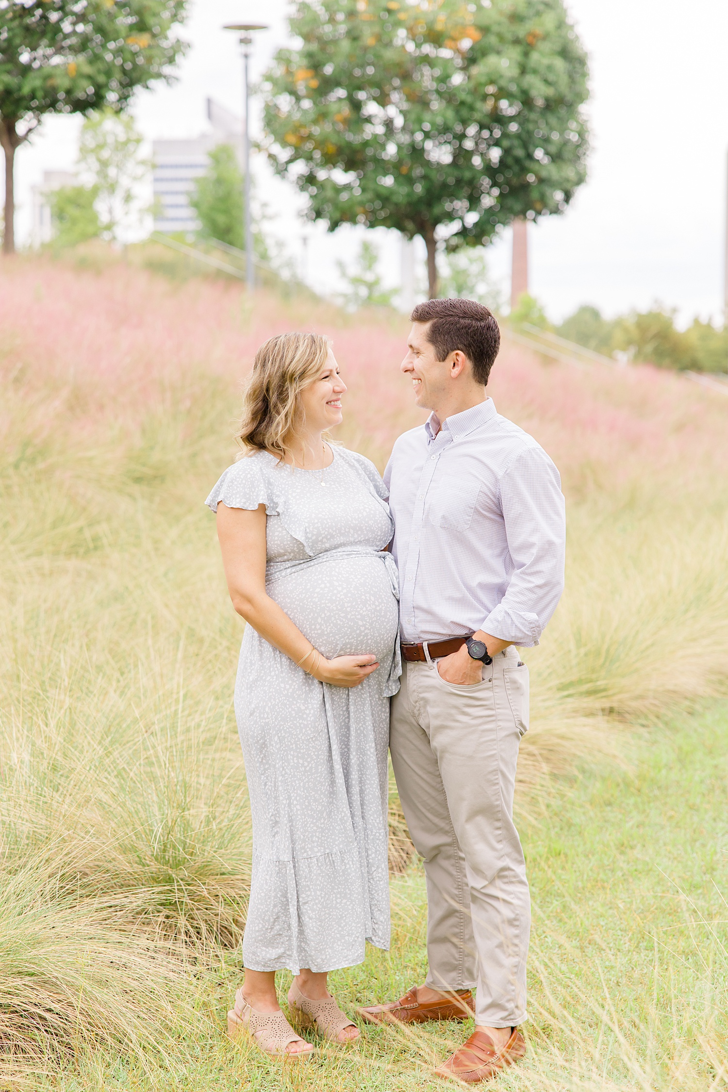 Maternity portraits of couple at Railroad Park 