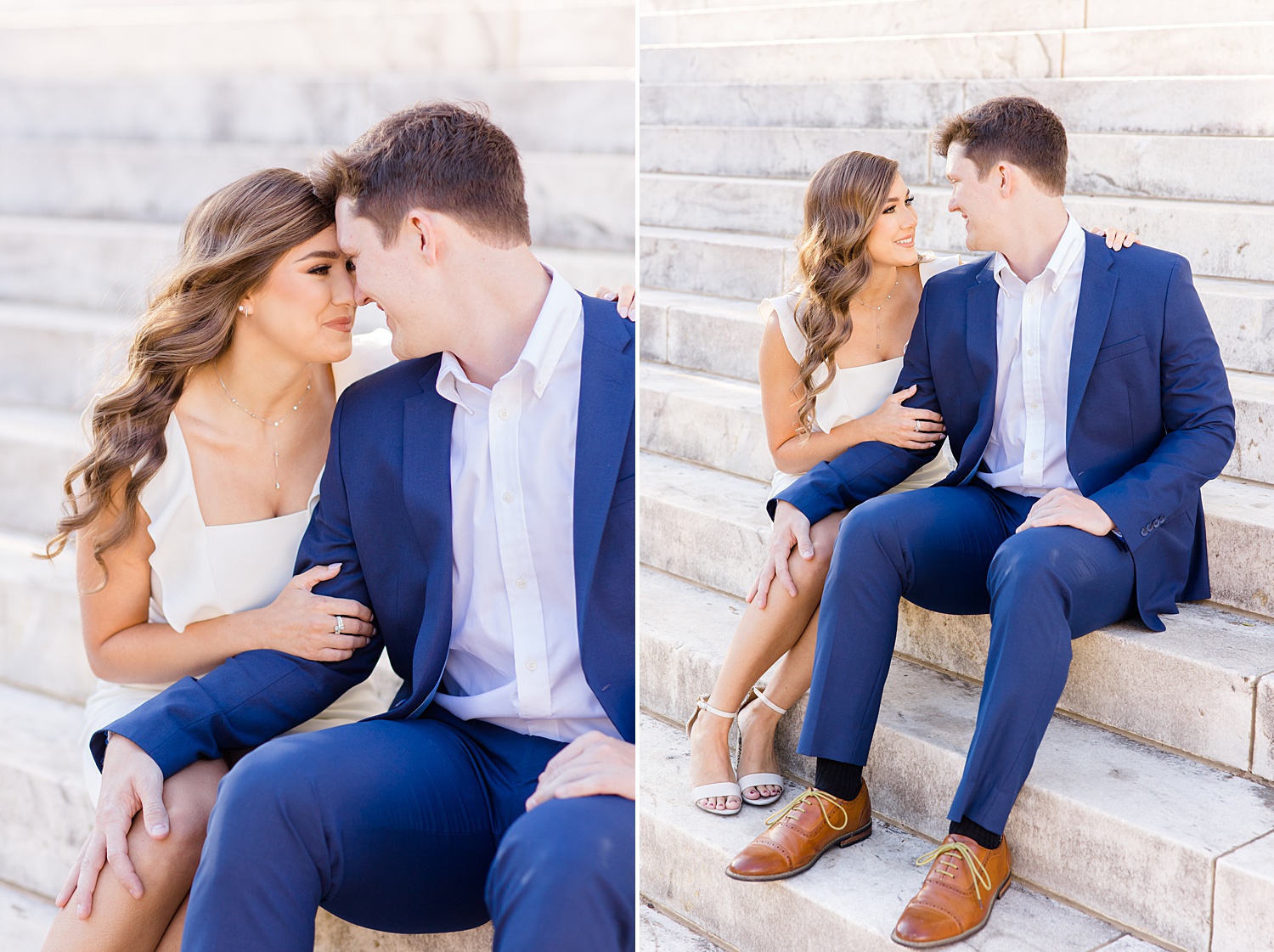 couple sit on stairs during Birmingham engagement session 