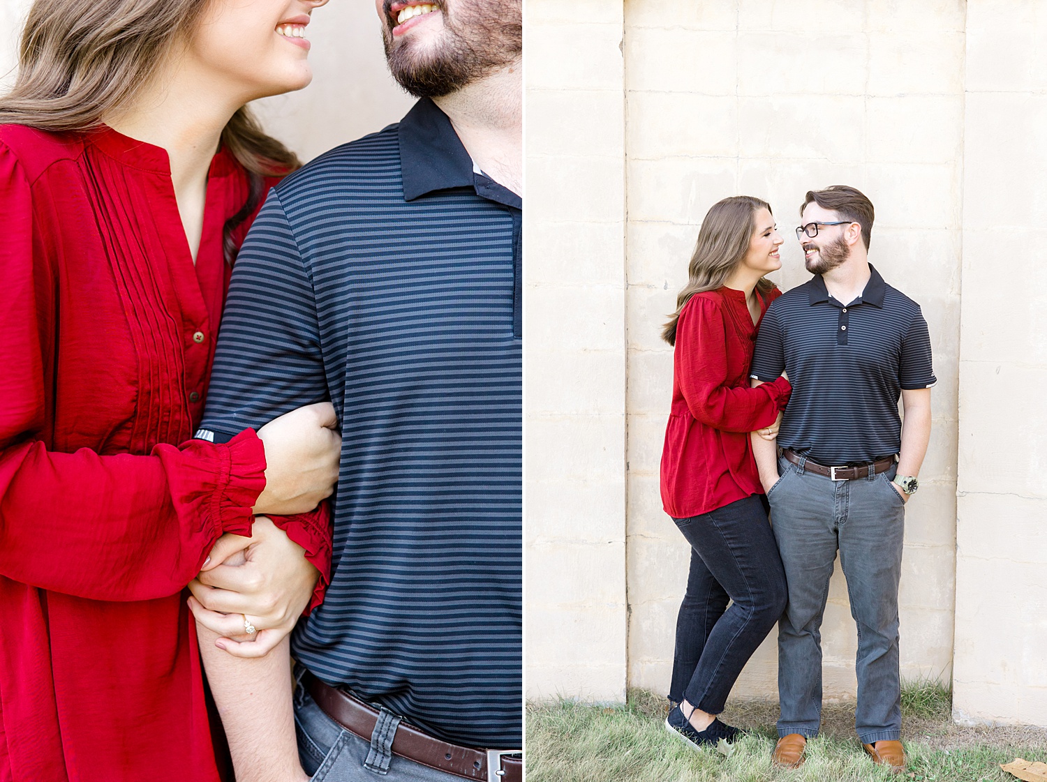 woman leans in to her fiance during engagement portraits 