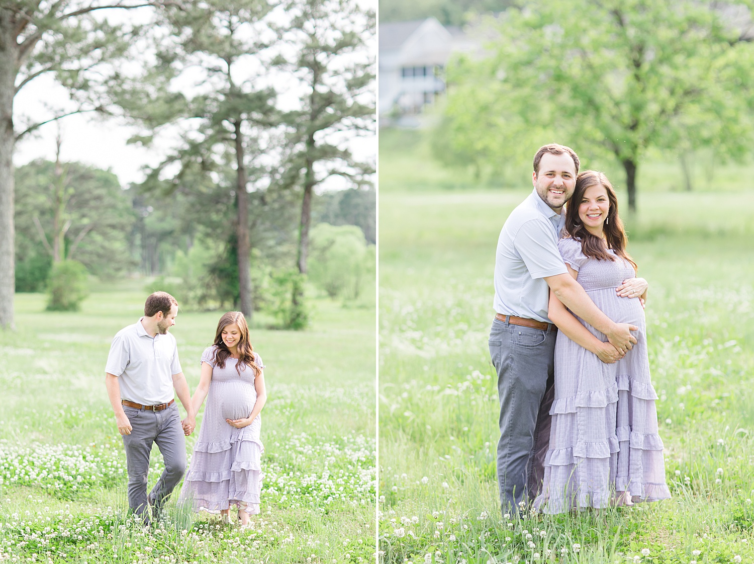 couple stand together in field during maternity portraits