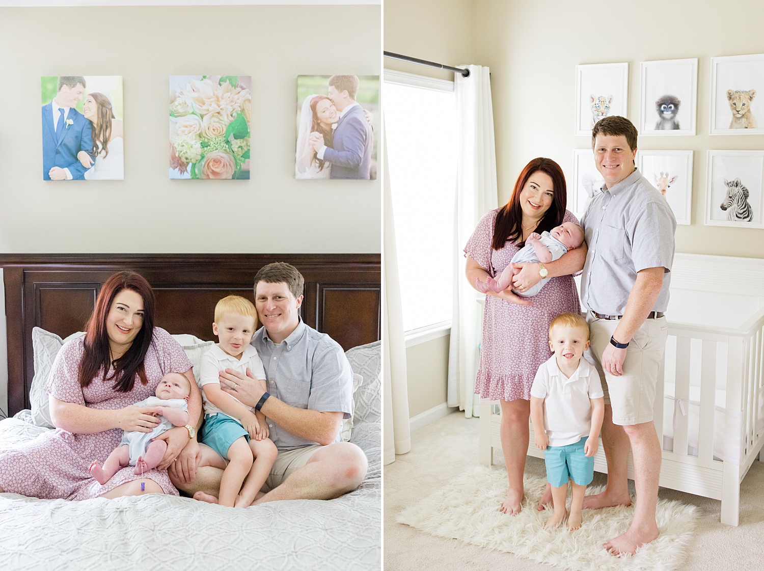 family of four stand in nursery during Birmingham AL newborn and family session