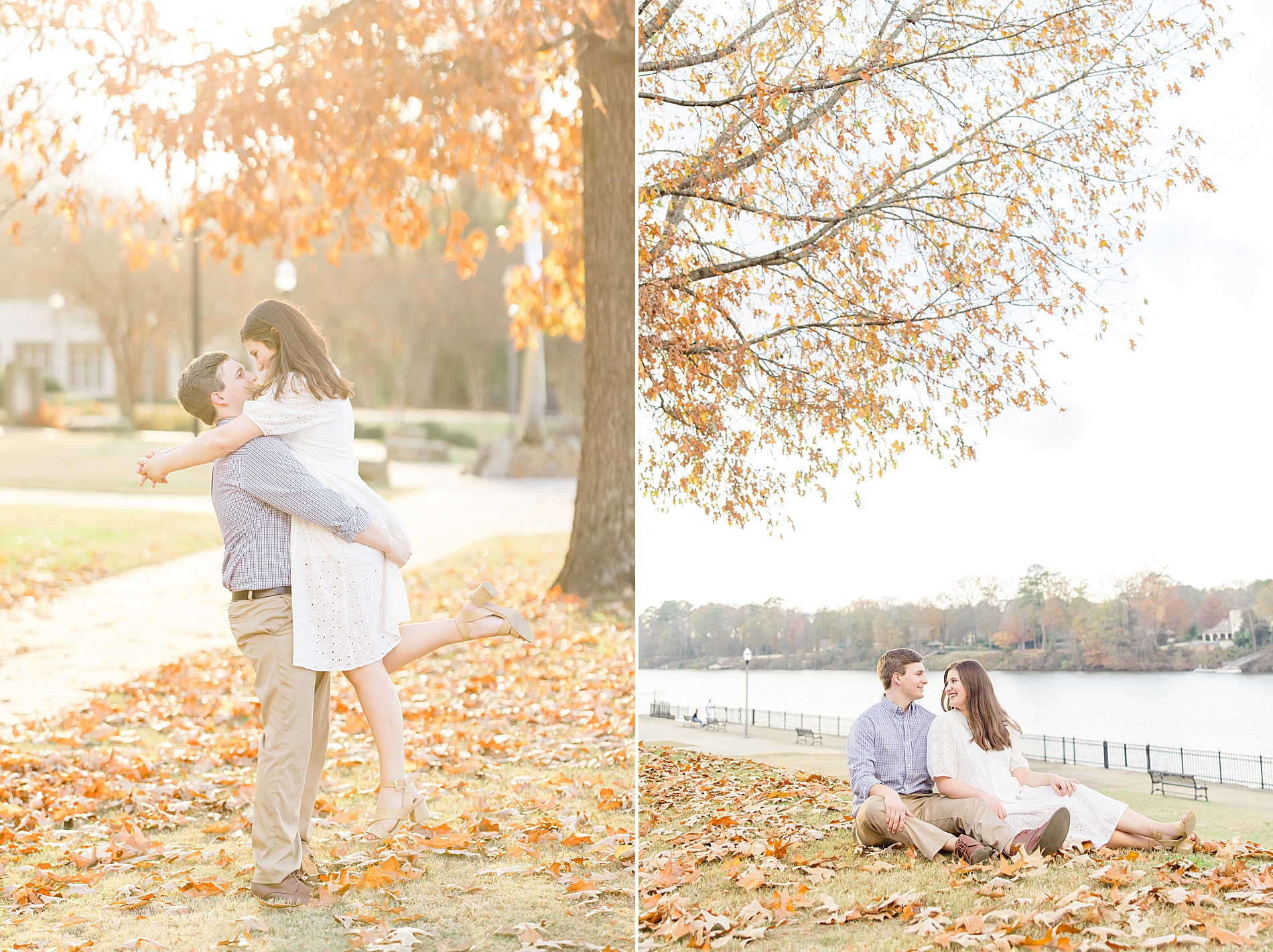 couple sit near tree with leaves falling during fall engagement session