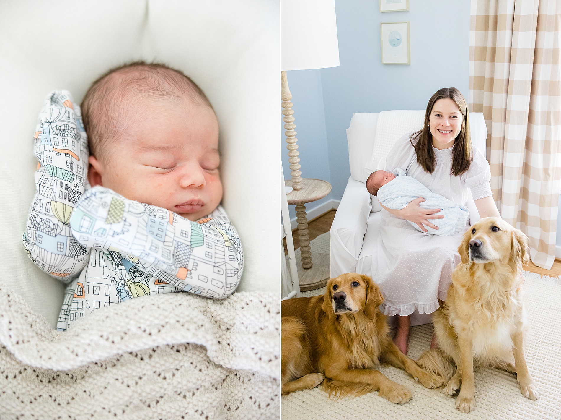 mom holds newborn son with family dogs around her