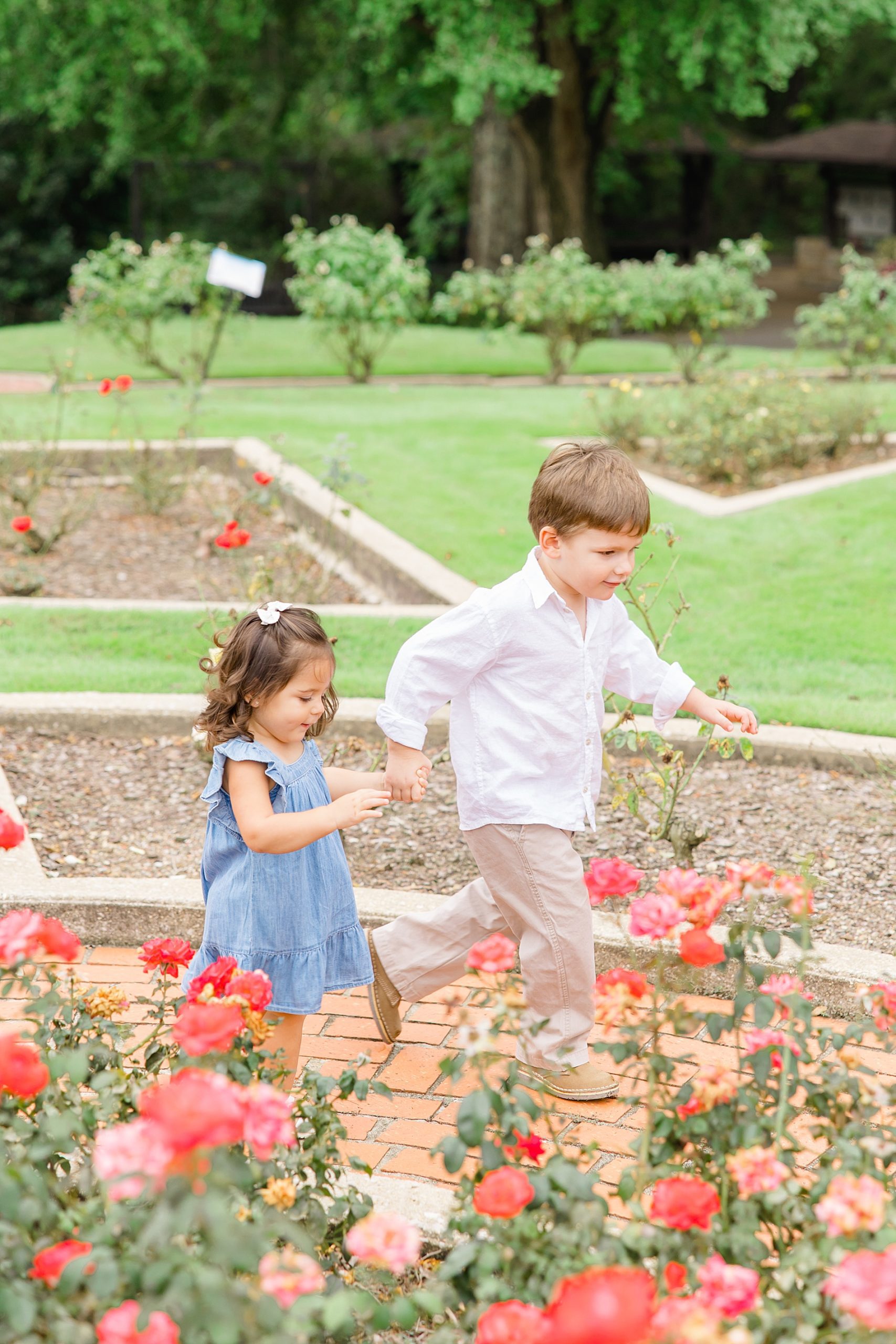brother and sister hold hands as they run through the Birmingham botanical gardens