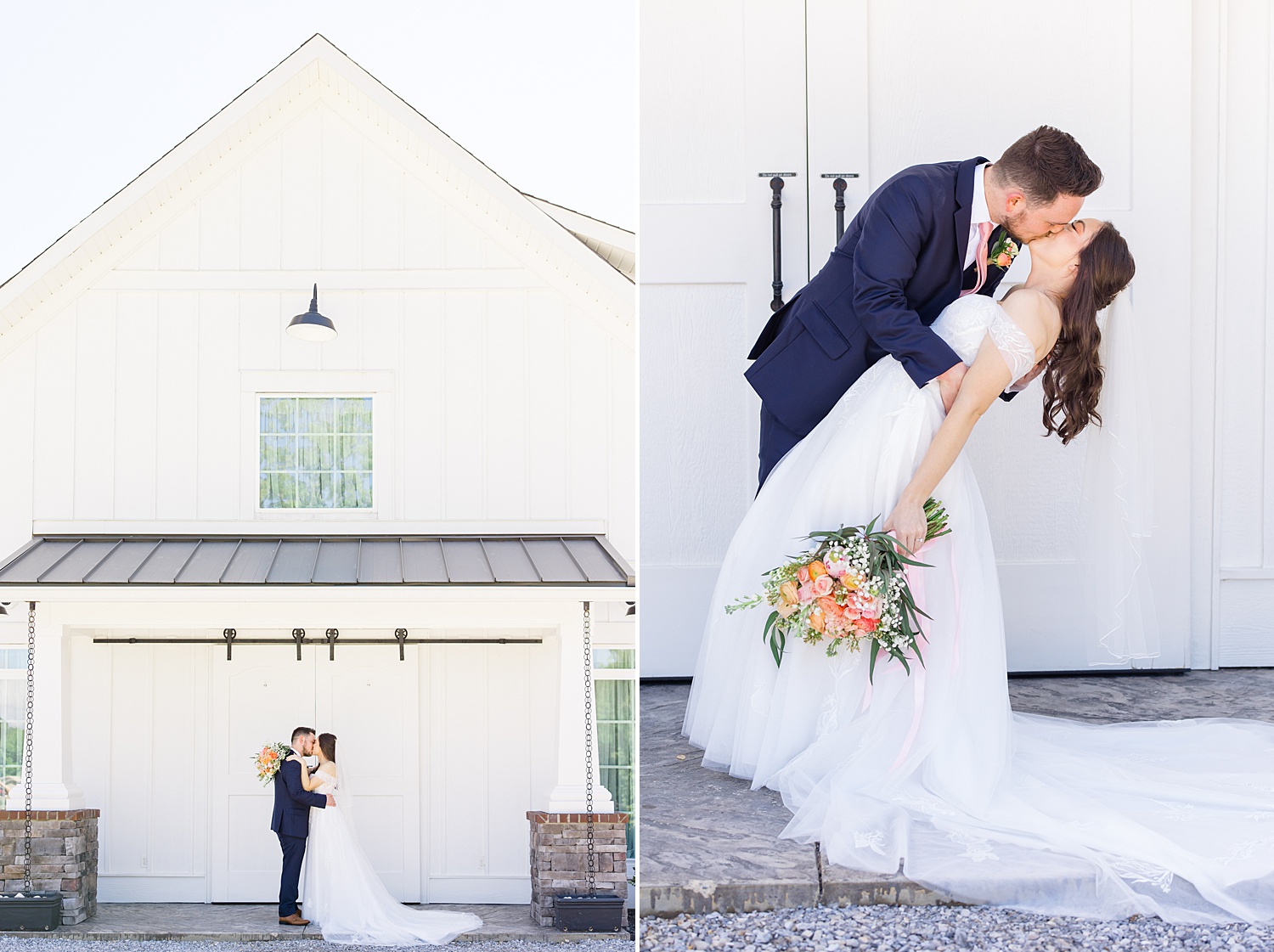 bride and groom kiss in front of barn