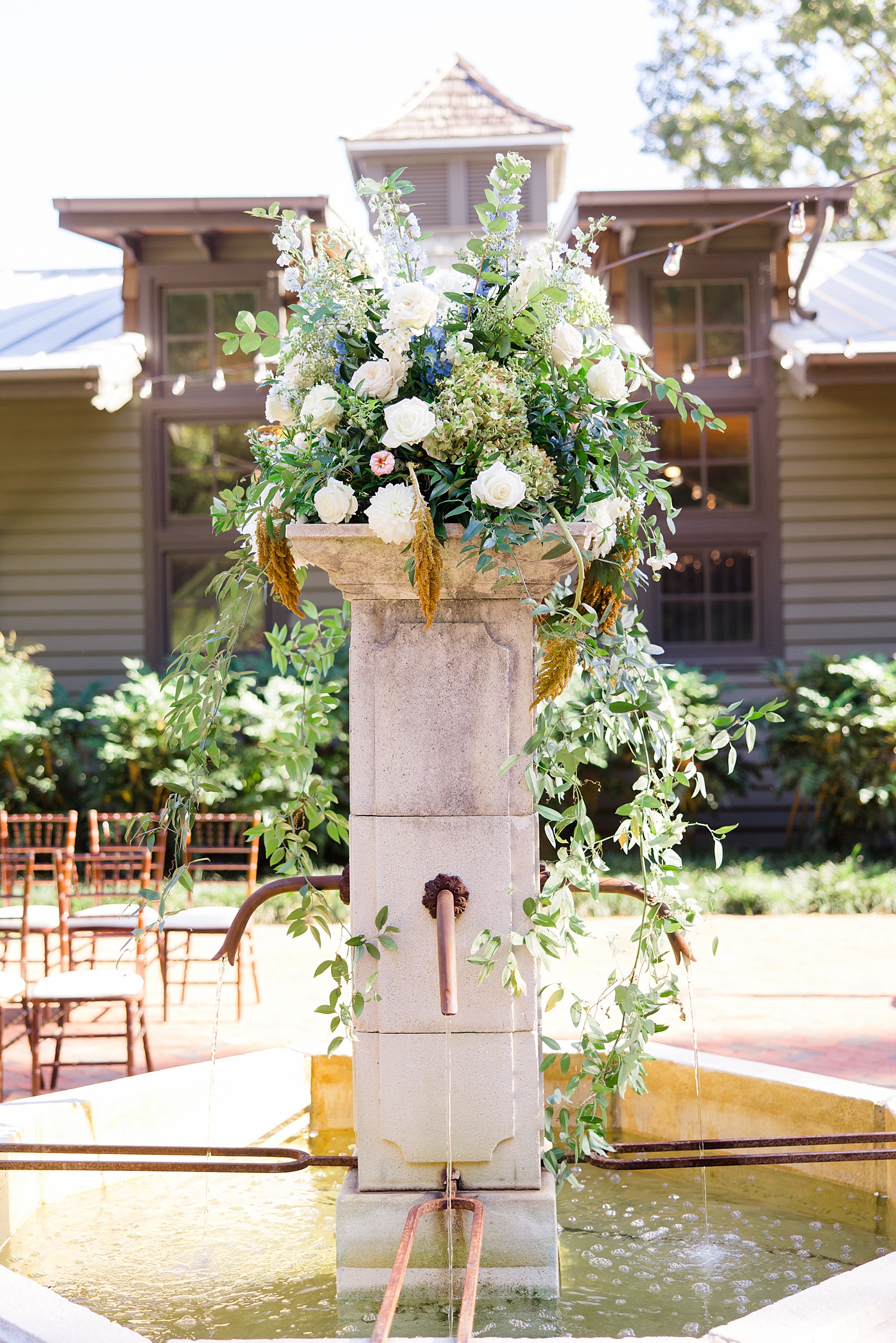 decorated outdoor fountain at ceremony