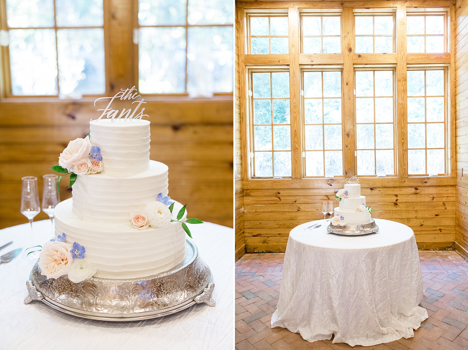 three tiered wedding cake with flowers 
