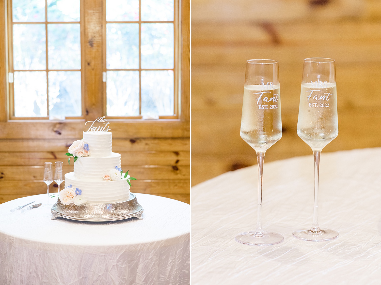 wedding cake and champagne glasses from Elegant Windwood Equestrian Wedding 