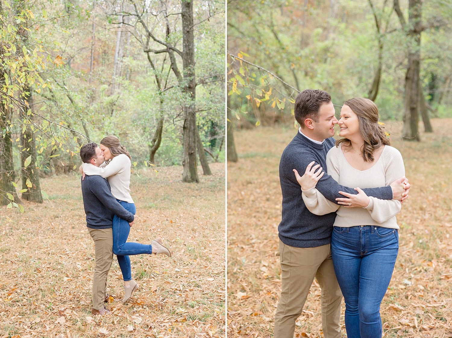 newly engaged couple kiss during fall engagement