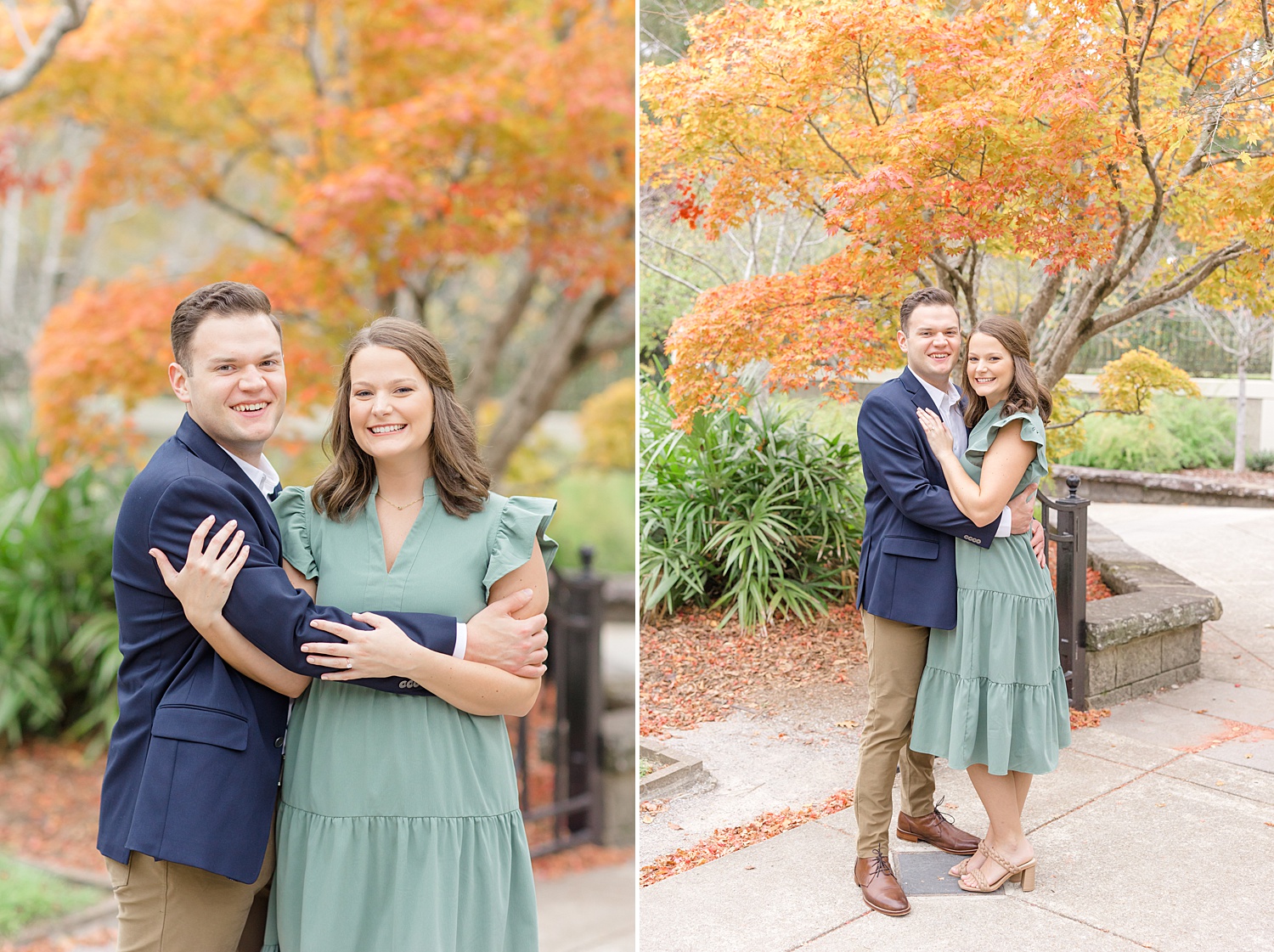 couple stand together under tree with fall leaves
