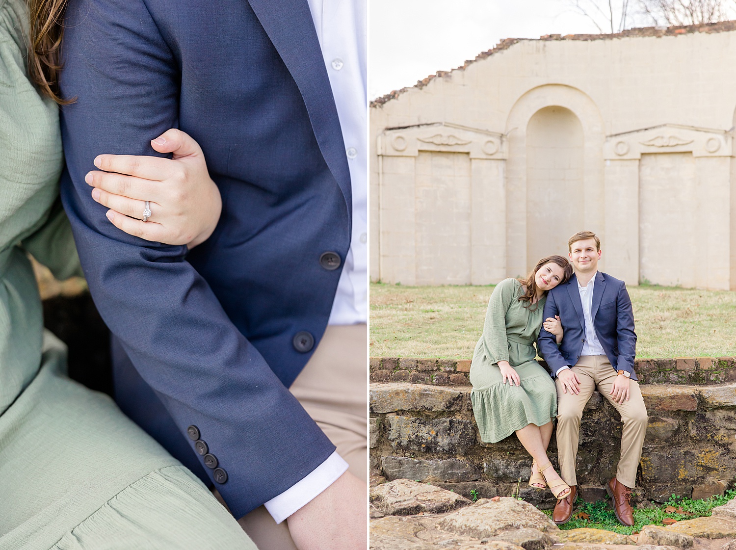 couple sit on stone wall at Capitol Park for engagement session